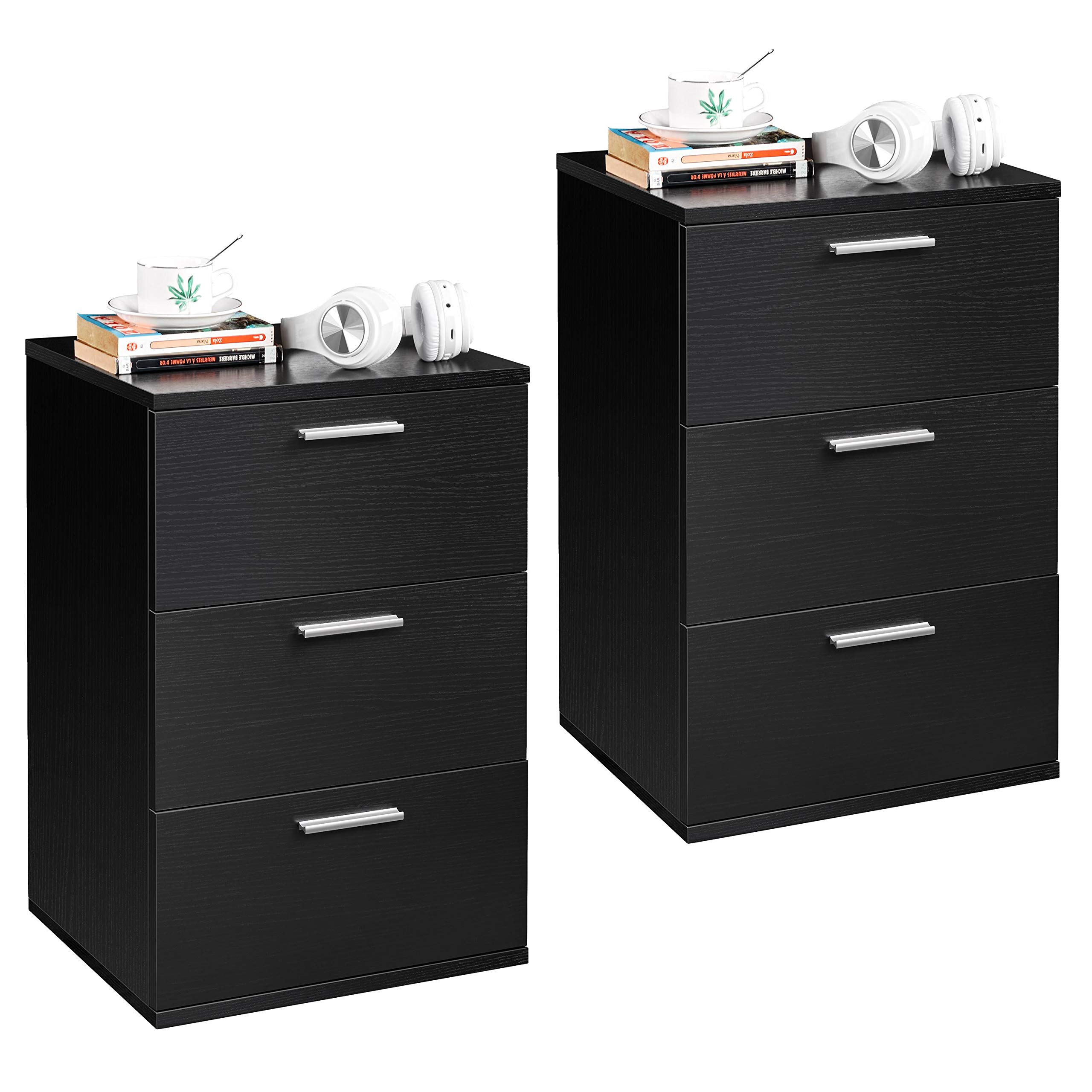 Yaheetech 2X Mesitas de Noche con 3 Cajones 40x35x60cm Mesillas de Noche Negra Mesita Auxiliar Organizadra para Salón Sofá Cama de Diseño Moderno Versátil