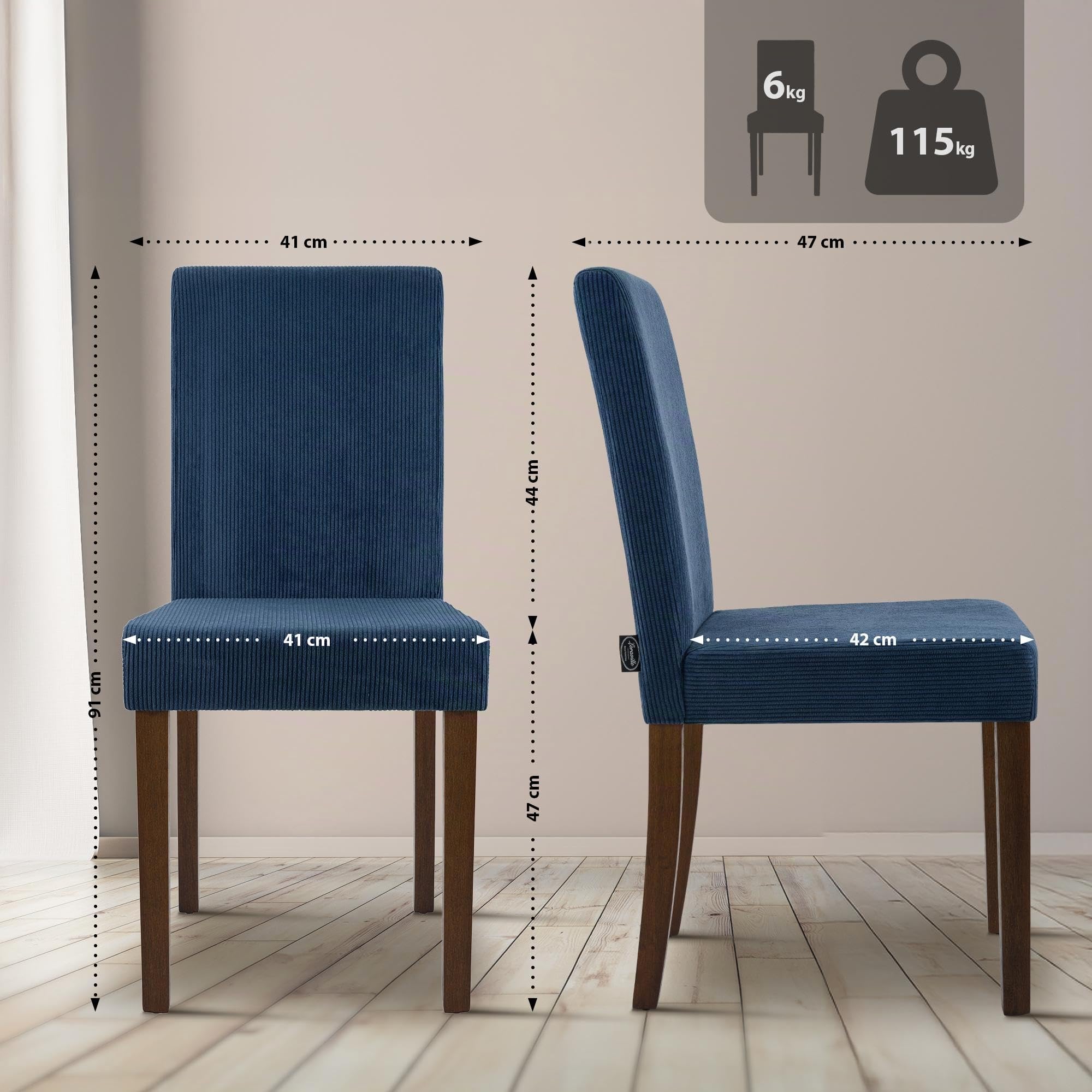 CLP Sedia da Pranzo Set di 2 Rivestita con Schienale INA, Sedia da Cucina in Velluto a Coste, Struttura Stabile in Legno, Colore:Blu, Colore del Telaio:Antico Scuro