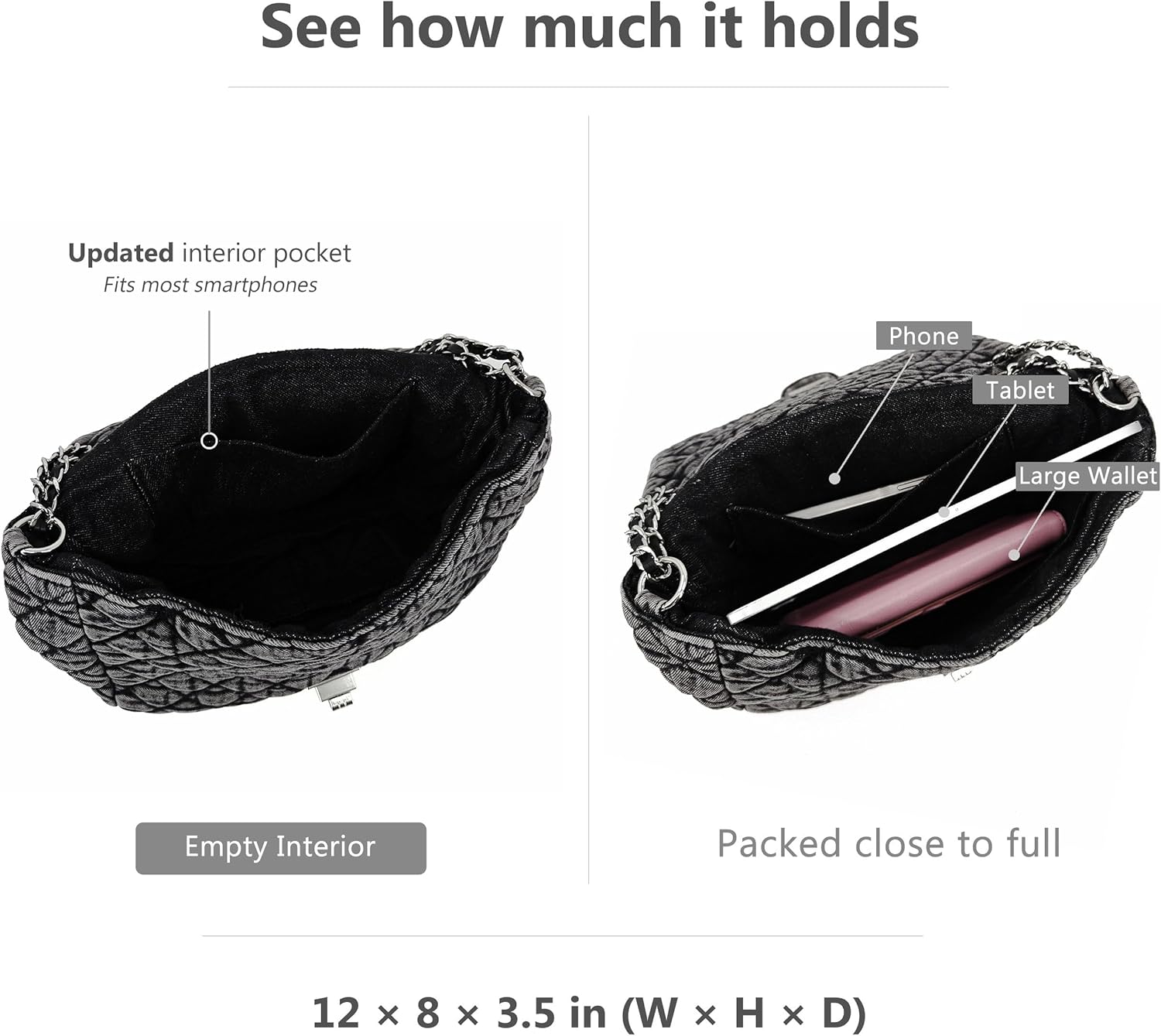 Quilted Denim Purse, Shoulder Bag for Women, Crossbody Flap Tote Bag,Silver Chain Hobo Bag, Vintage Washed Jean Purse - Image 3