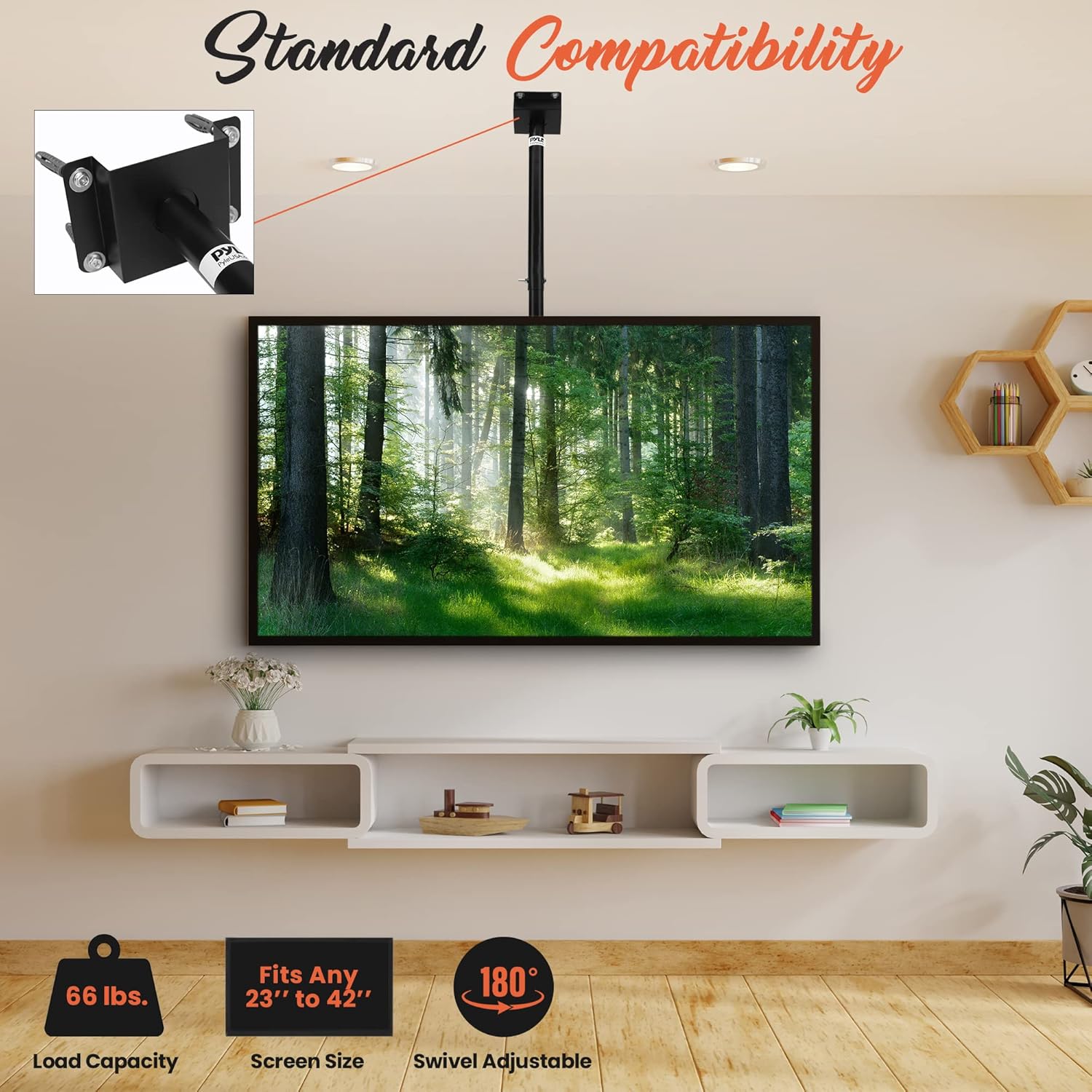 Pyle Universal TV Ceiling Mount for 23–42” Screens, Tilt & Swivel Adjustable, Height Adjustable Bracket, VESA Compatible, Heavy-Duty Mounting Hardware Included