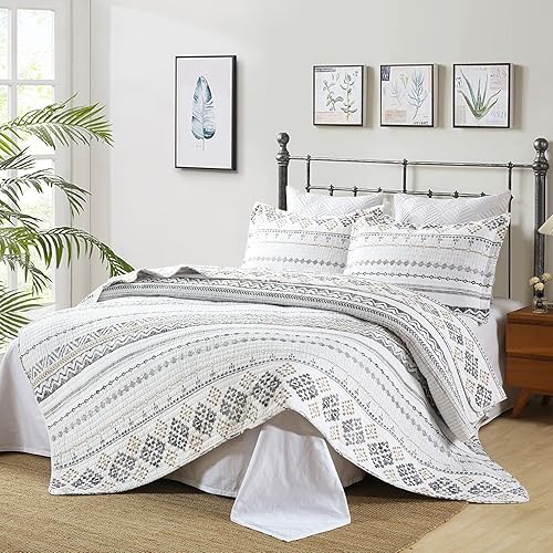 Vista 2 de Y-PLWOMEN Colcha tamaño Queen – Colcha reversible 100% algodón suave y ligera para todas las estaciones, diseño geométrico a rayas bohemias, 3 Blanco