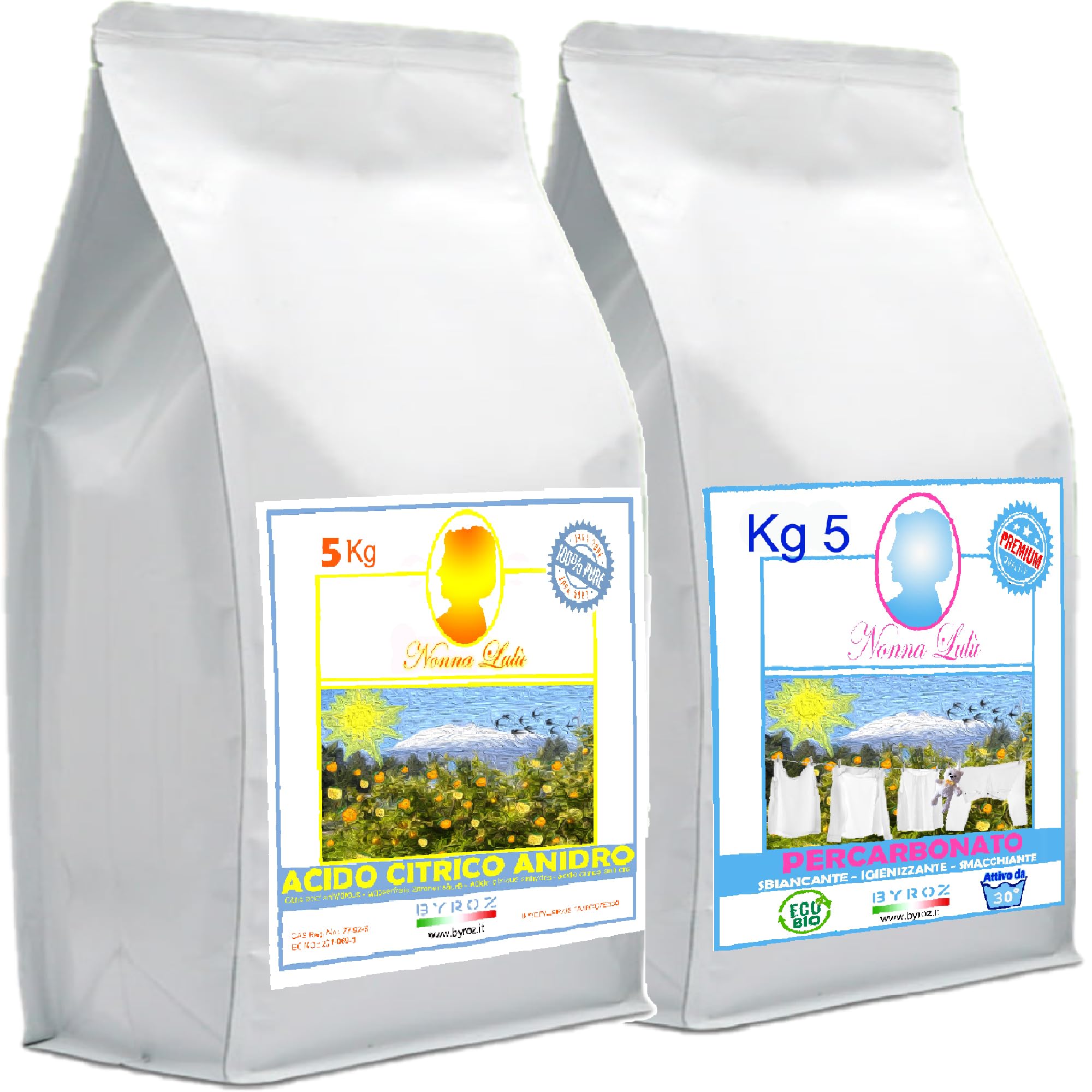 Acido Citrico Per Pulizia Calcare 5kg. Biologico, Multiuso, 100%Naturale,+ 5kg Percarbonato di Sodio Puro - Sbiancante, Igienizzante Naturale ideale per detersivo lavatrice, Attivo già a 30°