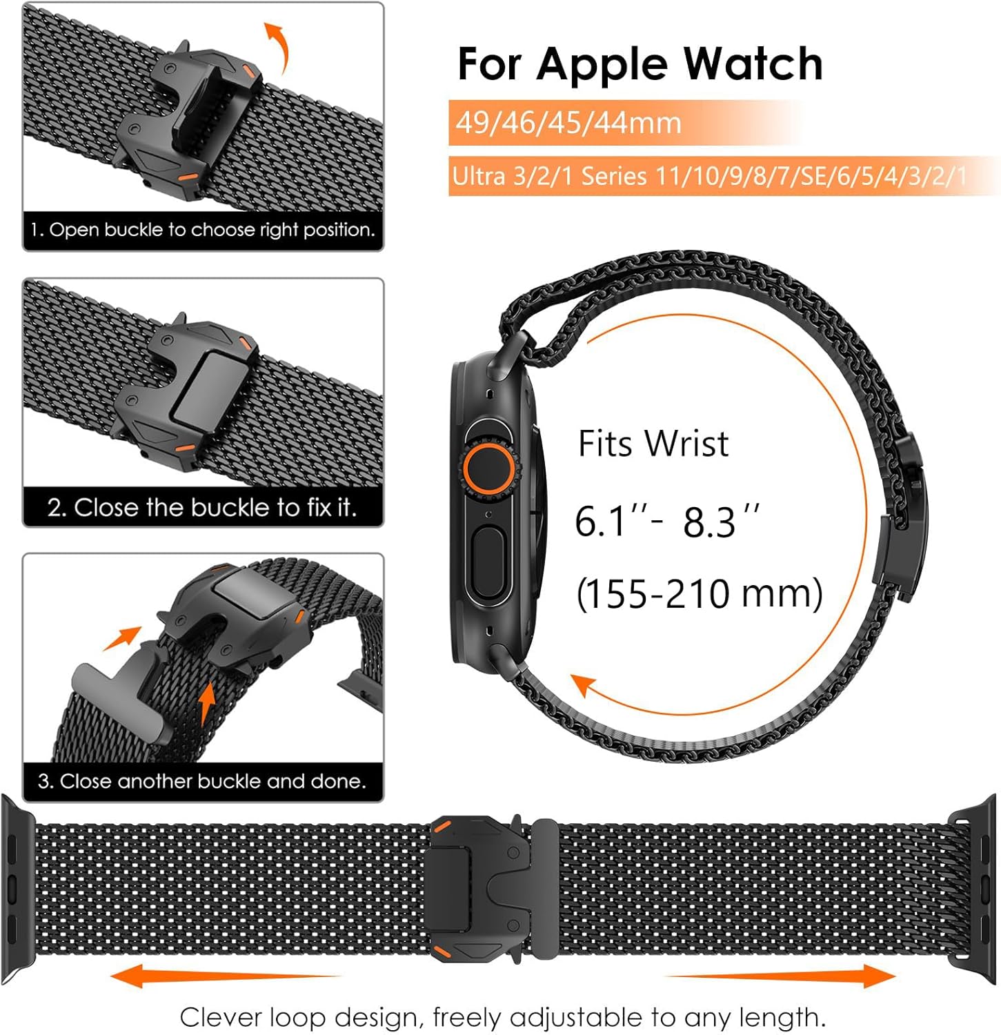 WINGLE Milanese Loop for Apple Watch Band Ultra 3/2/1 Band Ultra 49mm Series 11 10 46mm 45mm 44mm SE 3/2/1 Series 9 8 7 6 5 4 3 Men Women,Parachute-Style Buckle Stainless Steel Mesh Metal iWatch Bands - Image 6