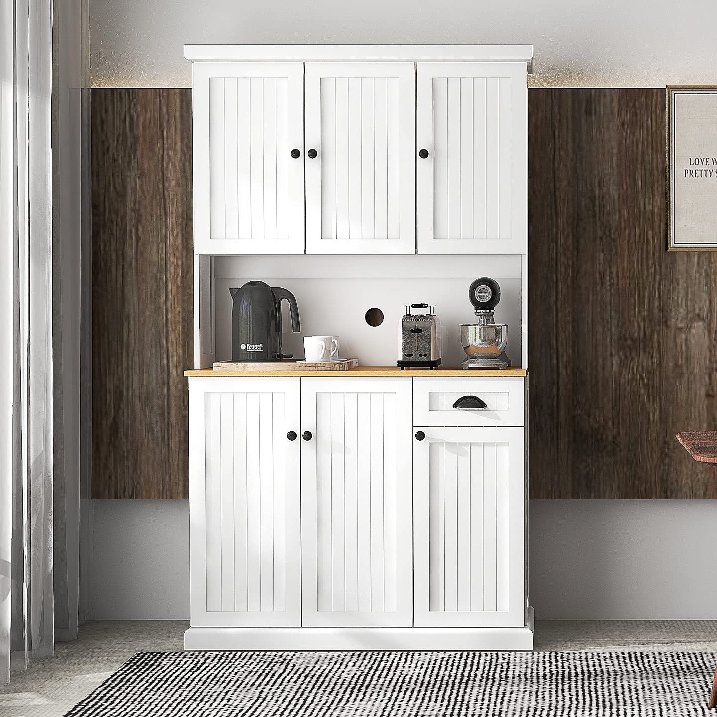 RASOO 71" Pantry Cabinet Kitchen Hutch Buffet Cabinet Sideboard Oven Countertop Kitchen Storage Microwave Cabinet with 3 Doors Upstairs and 3 Doors downstairs and 1 Drawer, White (similar to stock image, incomplete)