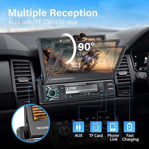 Miniatura 6 de Pantalla estéreo de coche de un solo DIN con Carplay inalámbrico y Android Auto, pantalla abatible de 7 pies estéreo para automóvil con cámara de