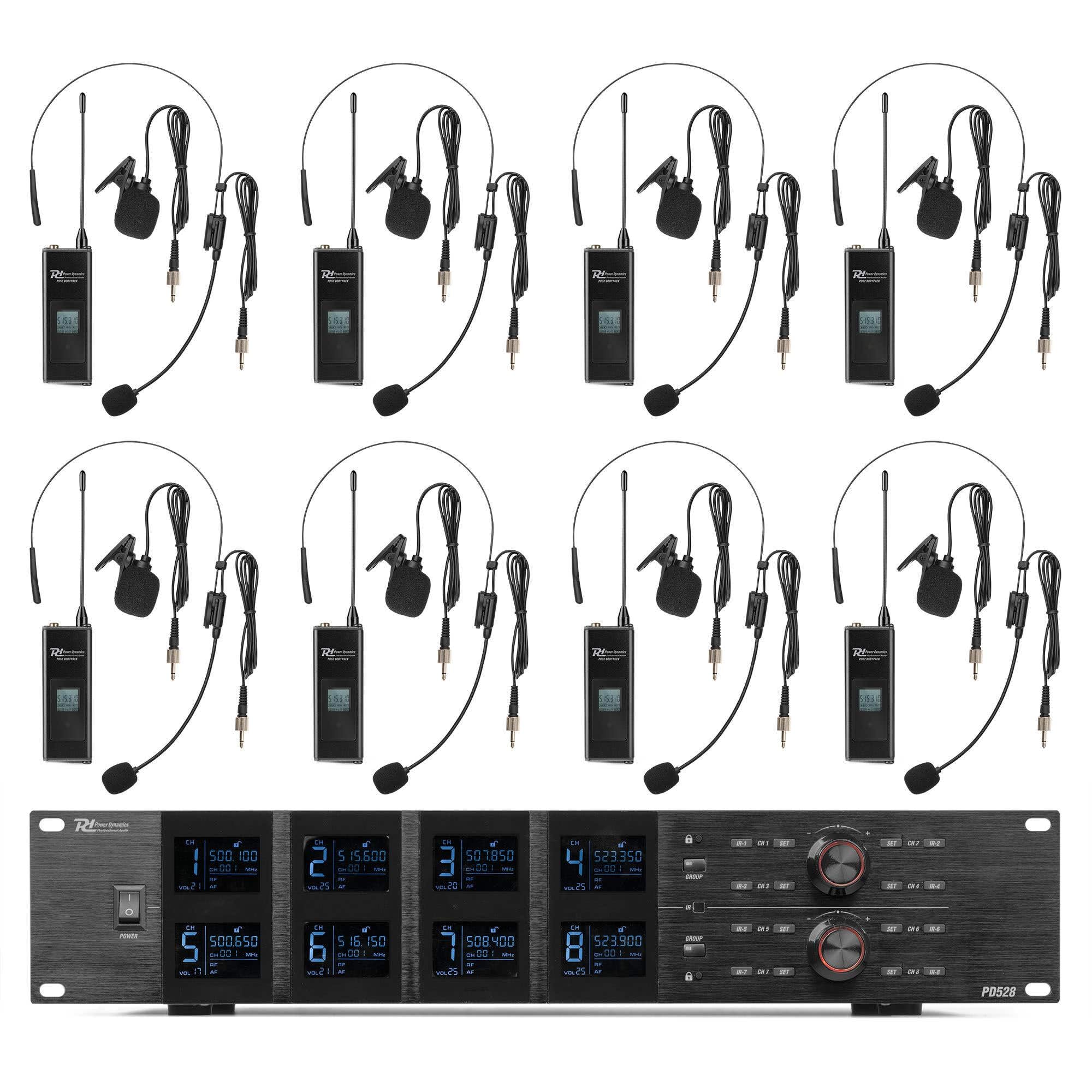 Power Dynamics PD528B UHF 8-Kanal Bodypack Funkmikrofon System mit Headsets und Lavaliermikrofonen, rauscharme Übertragung, große Reichweite, LCD-Displays, Metallgehäuse
