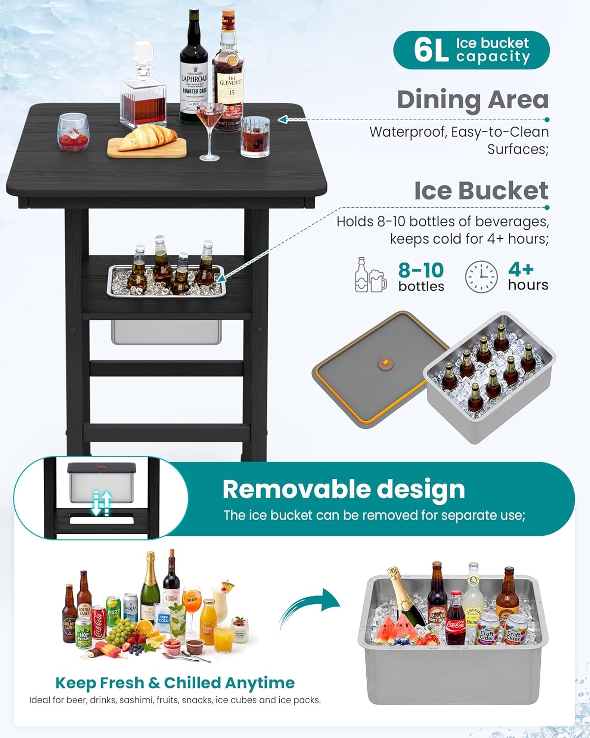 SERWALL Balcony Adirondack Chairs and Table 3 Pieces Set, HDPE Bar Height Chairs Set of 2 and Bar Table with Ice Bucket, Outdoor Bar Stools Set for Bistro, Poolside, Backyard, Black