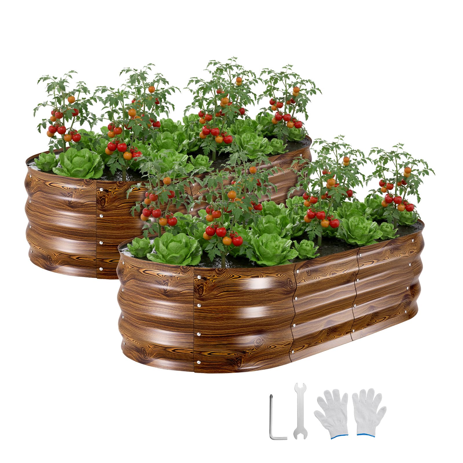 VEVOR Fioriera Rialzata Zincata 2 pezzi 1200x600x300 mm Set di Fioriere Ovali in Metallo per Esterno, Aiuola Rialzata Senza Fondo in Metallo per Coltivazione Fiori Verdure Orto Colore Legno