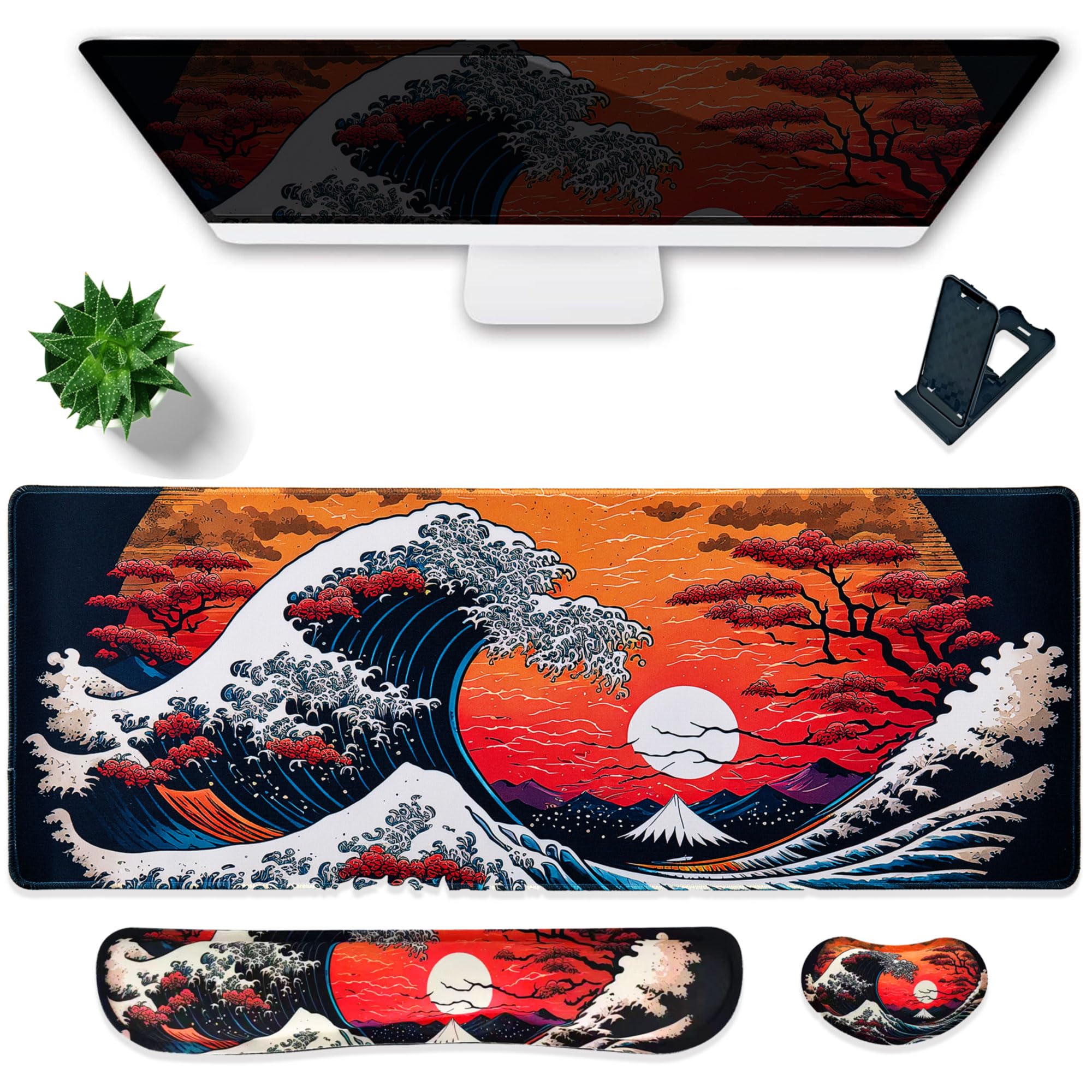 Hopipad Large Gaming Mouse Pad Waterproof/Mouse Wrist Rest/Keyboard Wrist Rest Set, Non-Slip Rubber Base, Ergonomic Computer Desk Mat with Wrist Support for Keybord and Mouse, Easy Typing&Pain Relief