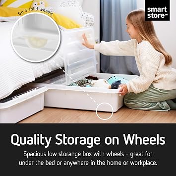 SmartStore Large Plastic Under Bed Storage Boxes with Lid and Wheels- 2 Pack - 60L - Transparent Foldable Lid - Strong Clips - Recycled Plastic Storage Boxes - L79 x W59 x H18.5 cm