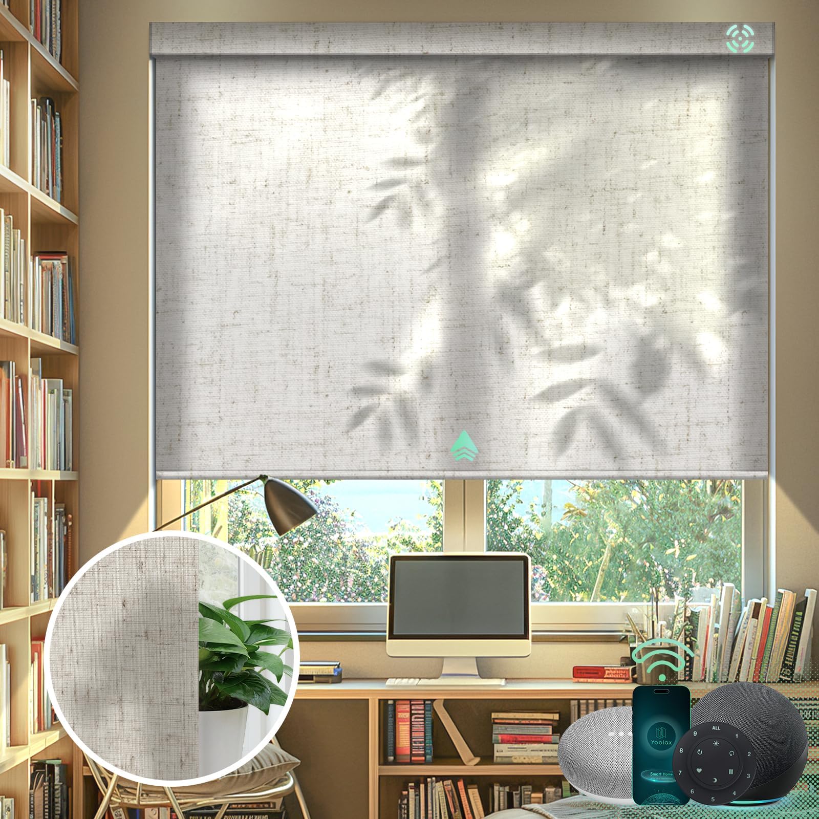 Motorized Blinds with Remote, Light Filtering Smart Blinds Work with Alexa, Google, Automatic Roller Shades for Windows, Custom Electric Shades for Living Room Office (Linen Beige)