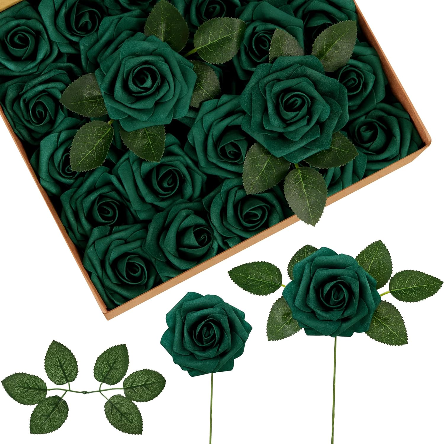 InnoGear Artificial Flowers, 50 Pcs Hunt Green Foam Fake Roses Bulk with Stems for Decoration DIY Wedding Bouquets Centerpieces Bridal Shower Party Valentines Christmas Tree Hunt Green 50