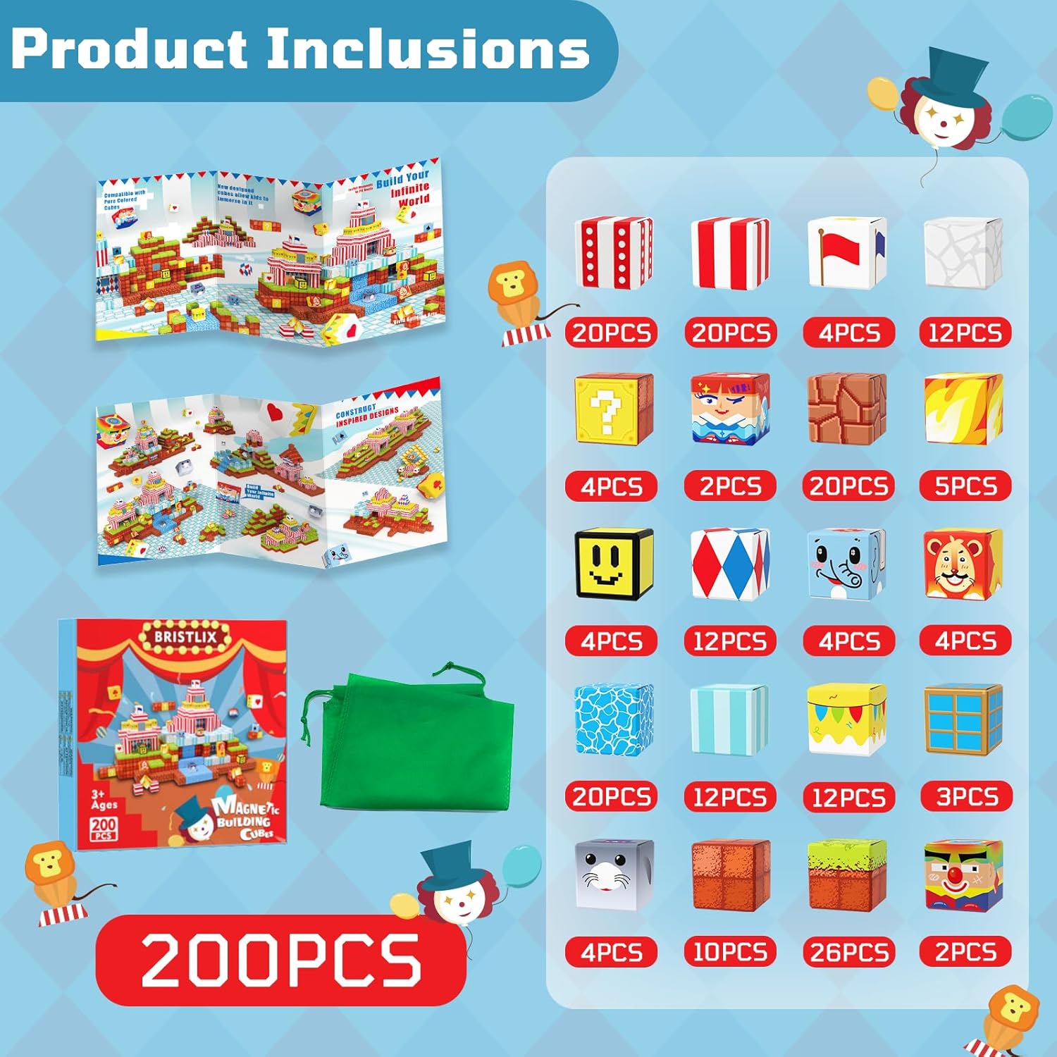 200PCS Magnetic Building Blocks with Storage Bag, 0.8in Joyful Circus STEM Magnet Cubes, Creative Construction Magnetic Blocks, Ideal Gift for Boys & Girls Age 3-12 Magnetic Cubes