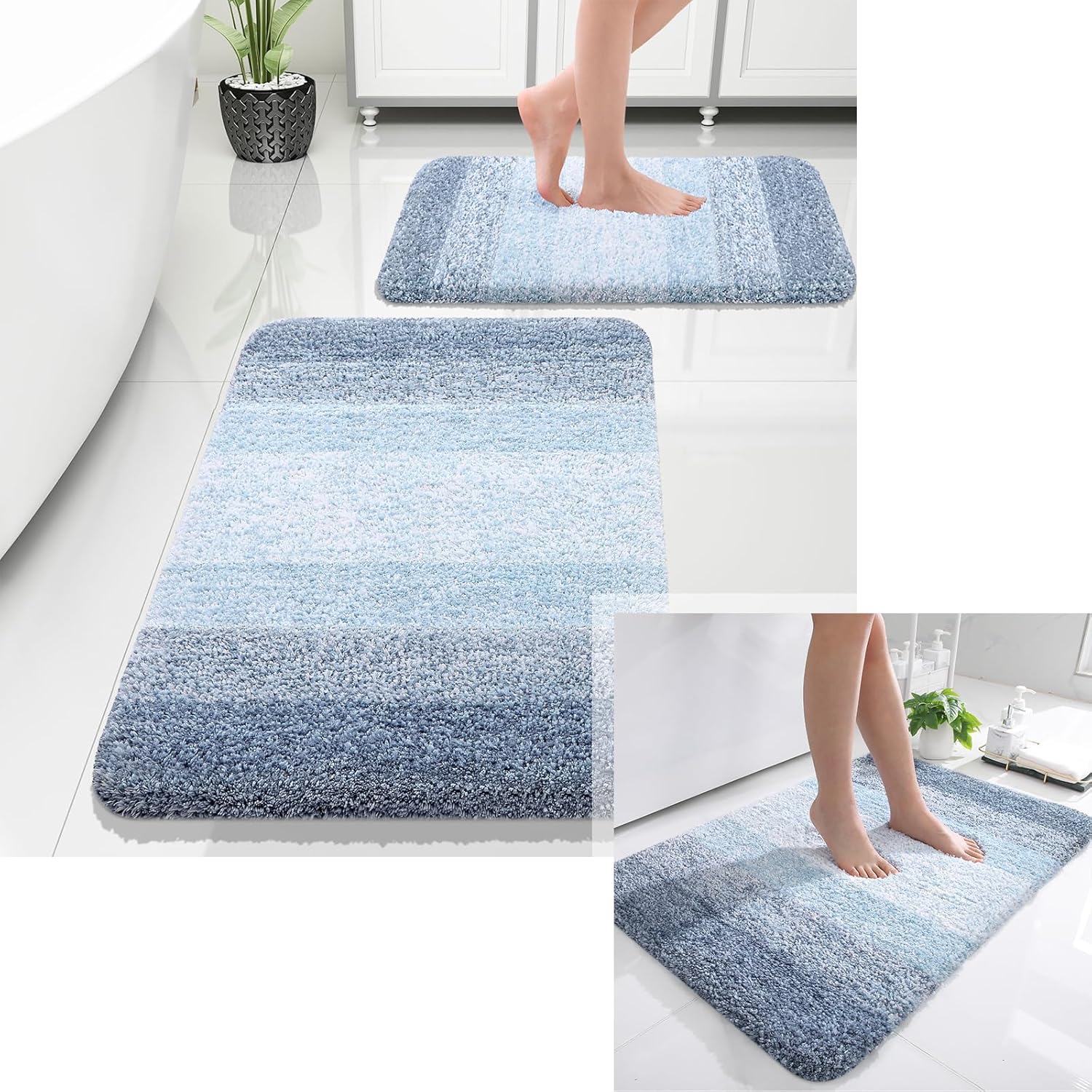 OLANLY Ombre Bath Rug and Bathroom Rugs Sets 2 Piece, Bath Rug Size 36x24 and Bathroom Rug Set Size 24x16+30x20 in Blue, 3 Item Bundle
