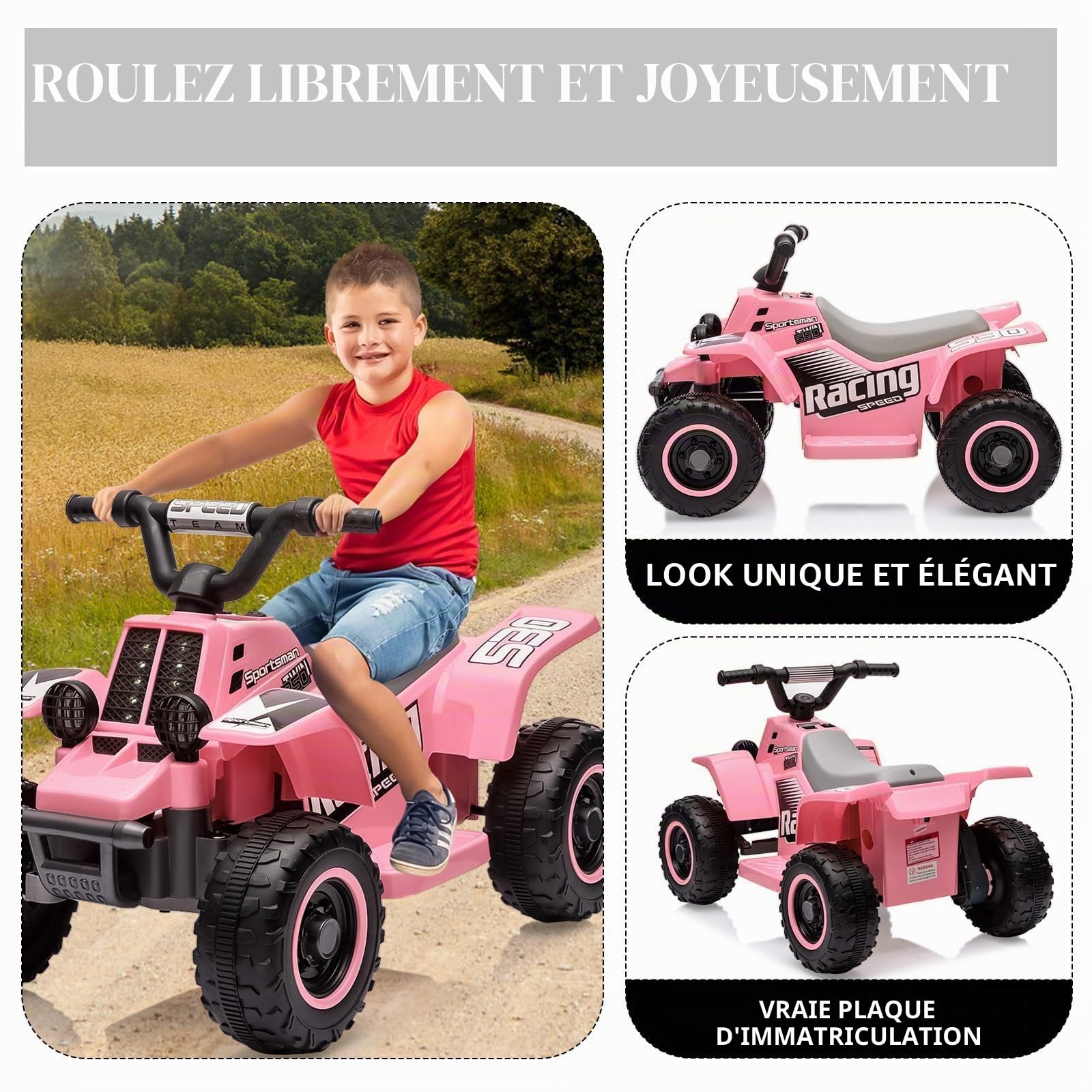 Quad Électrique pour Enfants 6V, ATV Électrique avec Klaxon, LED et Musique, Voiture Électrique à Monter avec Vitesse 3,5 km/h, Charge 25 kg, pour Enfants 3+ Ans, Rose