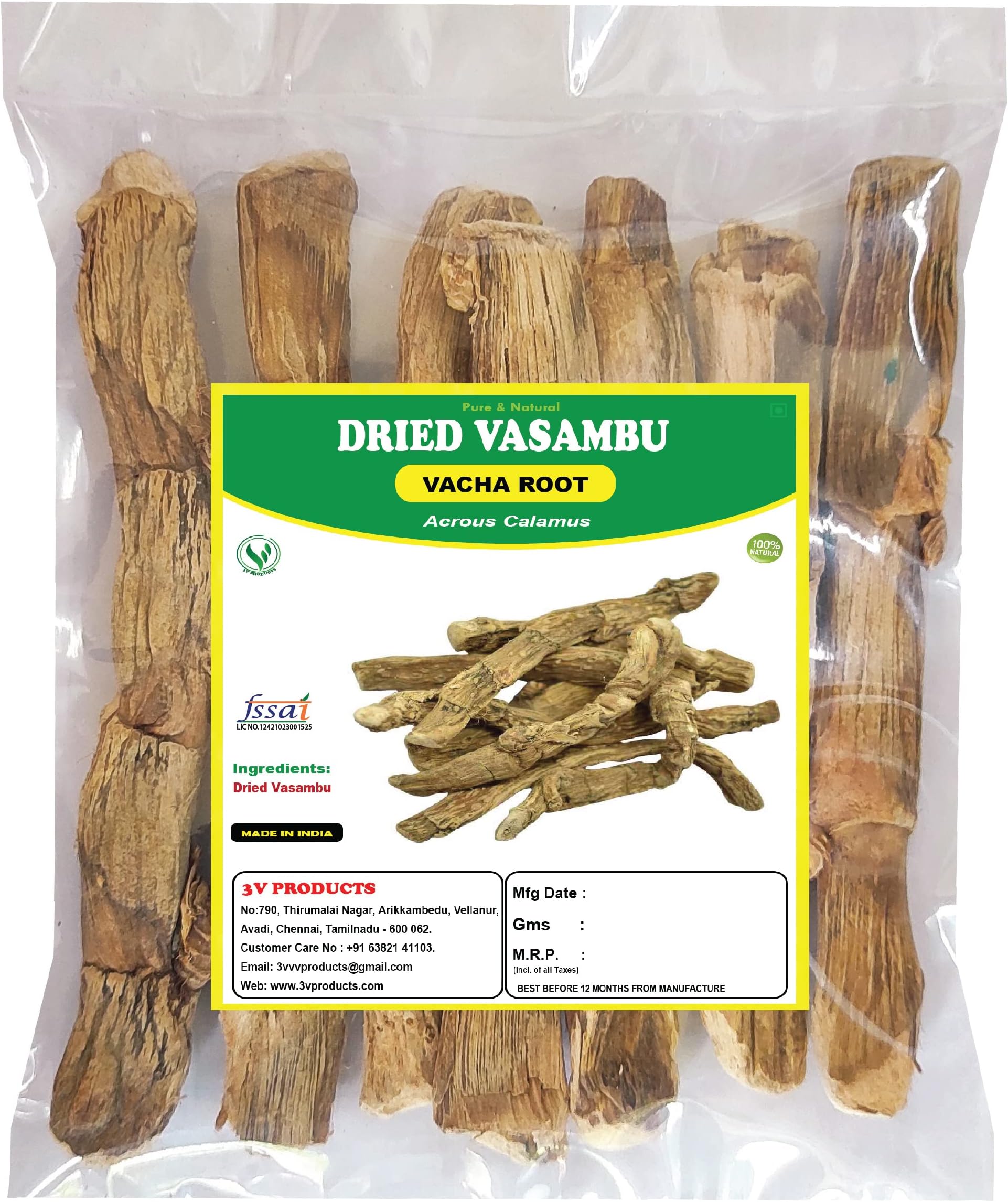 3V PRODUCTS Dried Vasambu - Pack of 2x50g - Vacha Root - Sweet Flag - Acrous Calamus - Vayambu Root