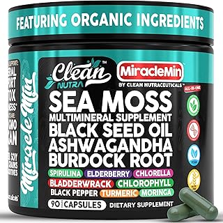 Clean Nutra Organic Sea Moss Capsules with Ashwagandha, Black Seed Oil, Burdock Root, Bladderwrack, Moringa, Chlorella, Spirulina, Turmeric, Elderberry, Amla – 90 Vegan Capsules – MiracleMin
