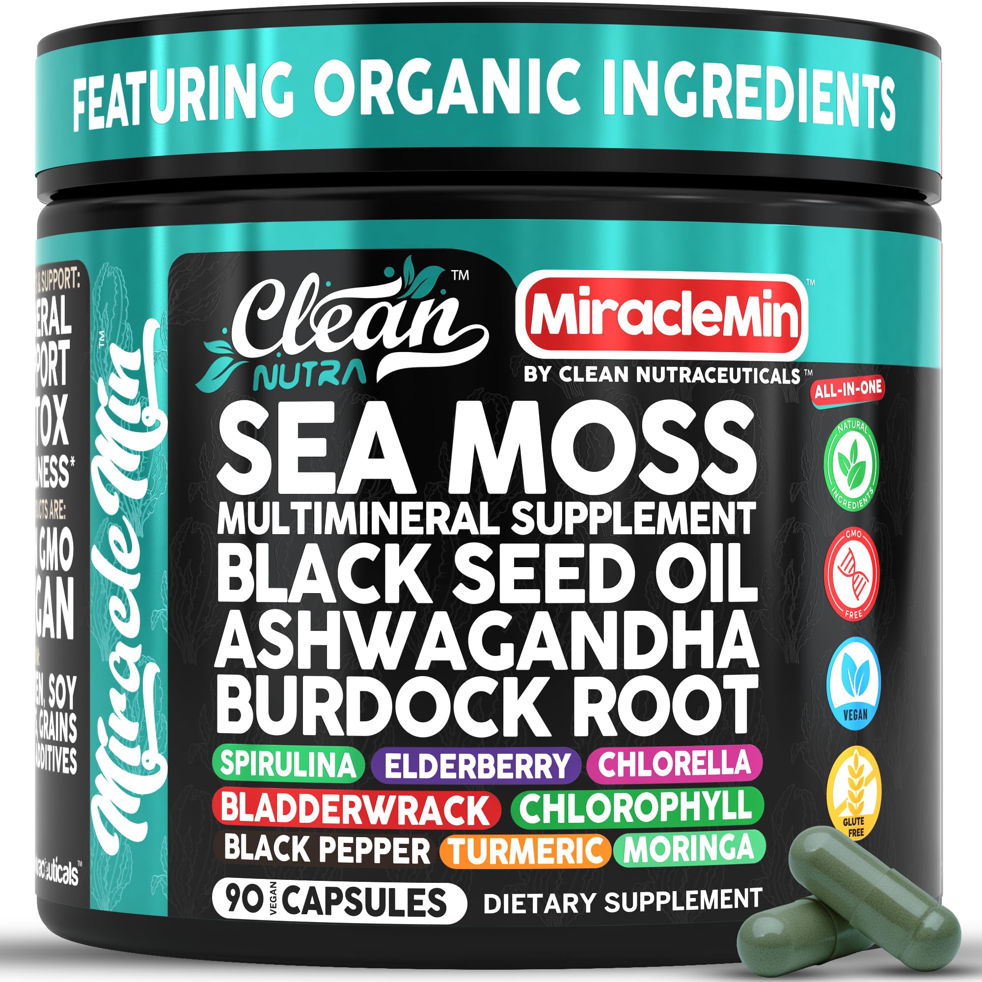 Clean Nutra Organic Sea Moss Capsules with Ashwagandha, Black Seed Oil, Burdock Root, Bladderwrack, Moringa, Chlorella, Spirulina, Turmeric, Elderberry, Amla �