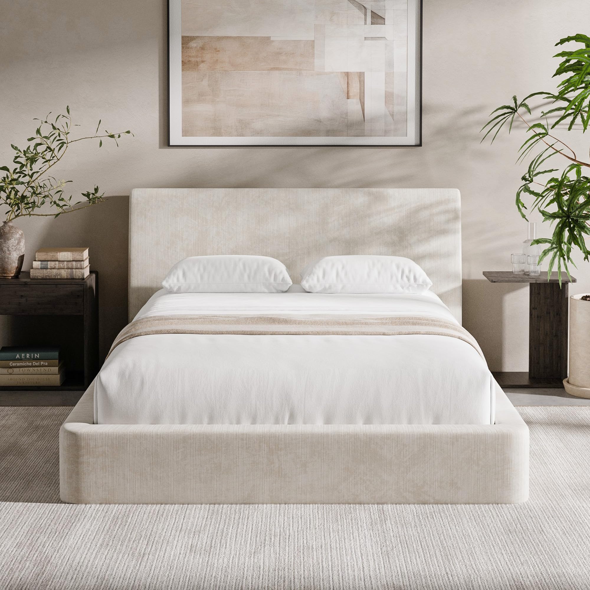 Photo 1 of RECCI AirFrame Full Size Bed Frame with Ergonomic Angled Headboard, 360° Cushioned Platform Bed Frame, Low Profile Minimalist Soft-Frame Bed, No Box Spring Needed, Easy Assembly, Beige Chenille