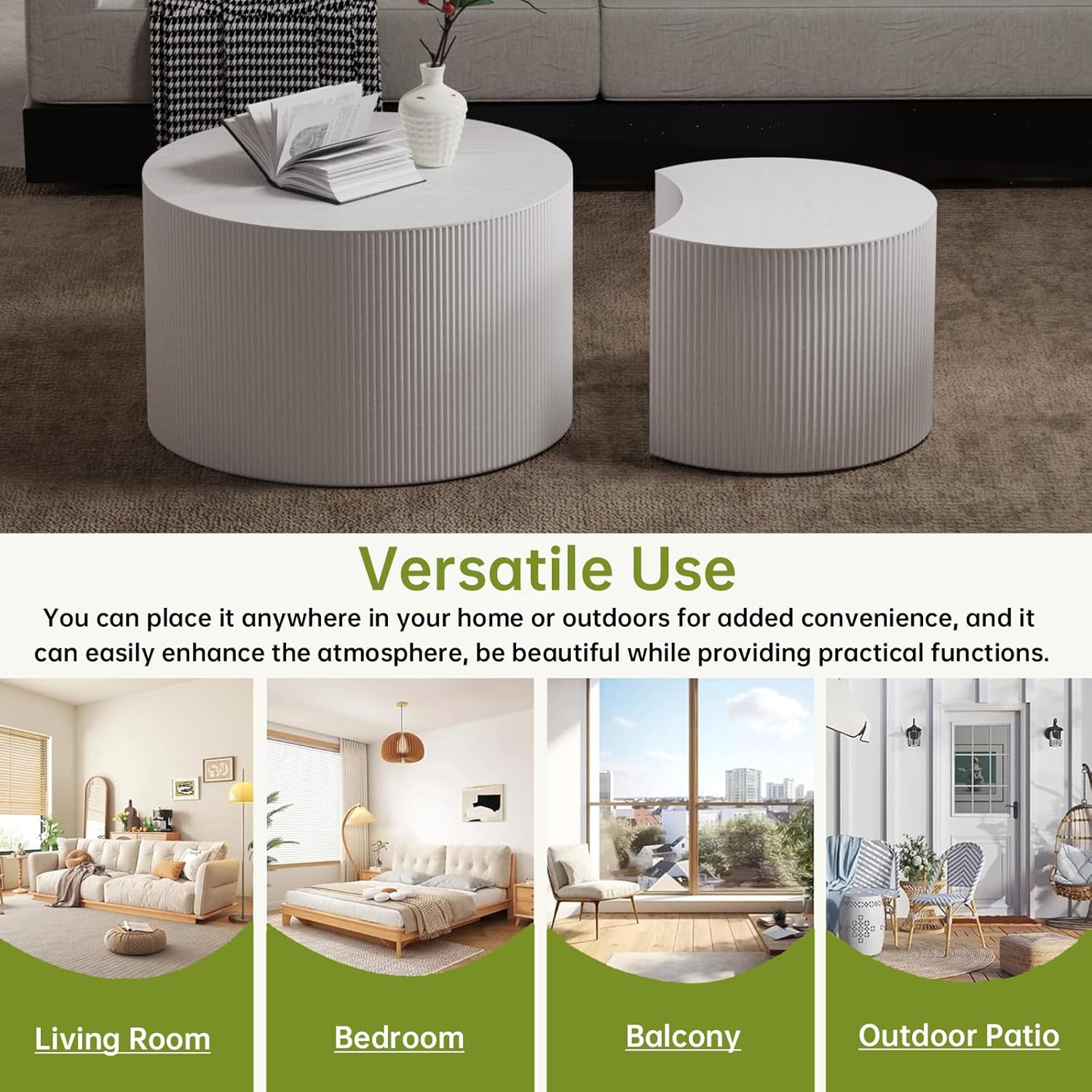 Round Nesting Coffee Table Modern White Fluted Coffee Table Set of 2 for Living Room Circle Drum Coffee Tables Round Nesting Tables Crescent Side Accent End Table for Small Space (White A 27in)