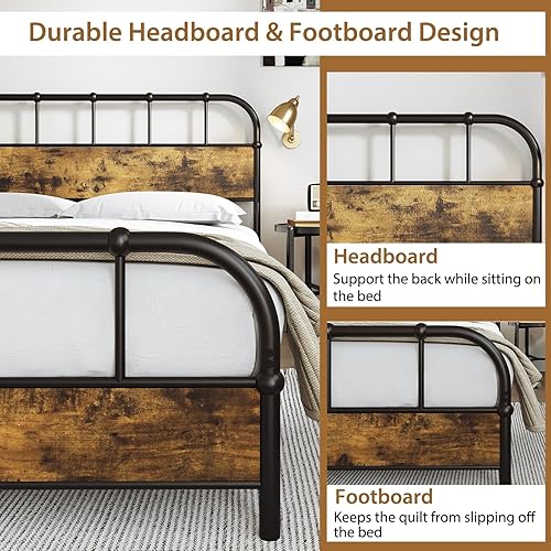 Miniatura 8 de Giantex Base de cama de metal tamaño Queen con cabecera de madera, base de cama de plataforma industrial con listones de metal resistente, base de