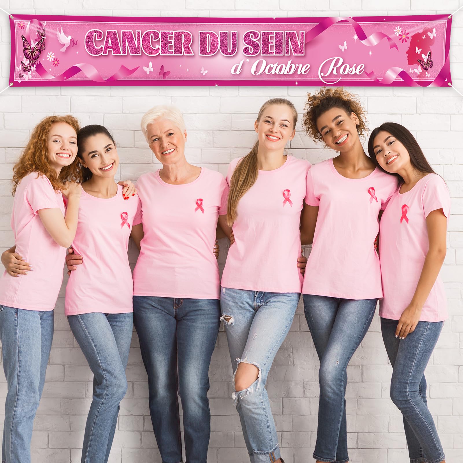 Décoration Octobre Rose 2025 - Bannière Ruban Rose Pour Sensibilisation Cancer Du Sein, En Carton Durable - 2