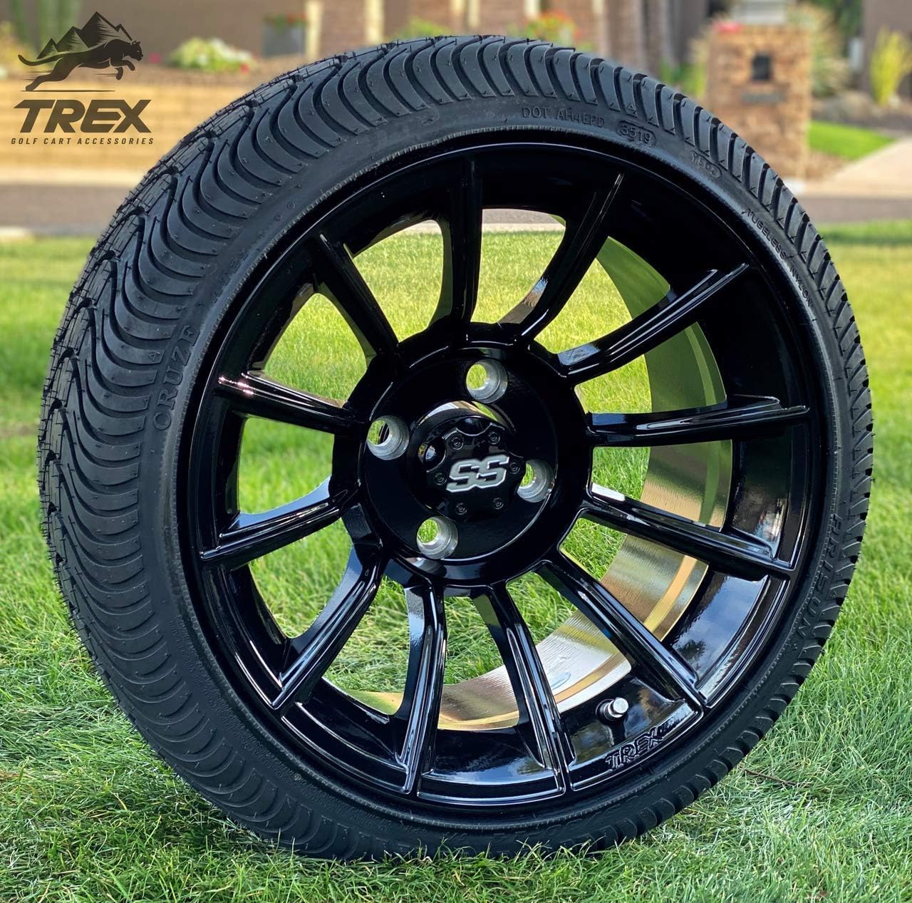 14" TITAN GLOSS BLACK ALUMINUM WHEELS AND 205/30-14 LOW PROFILE DOT TIRES COMBO - SET OF 4 (Standard Lugs (EZ-GO, Club Car))