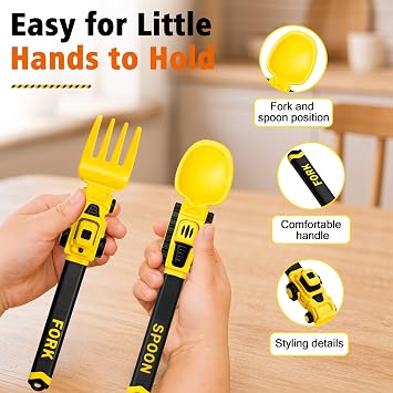 Digger Toddler Cutlery Set, Construction Fork and Spoon, Yellow