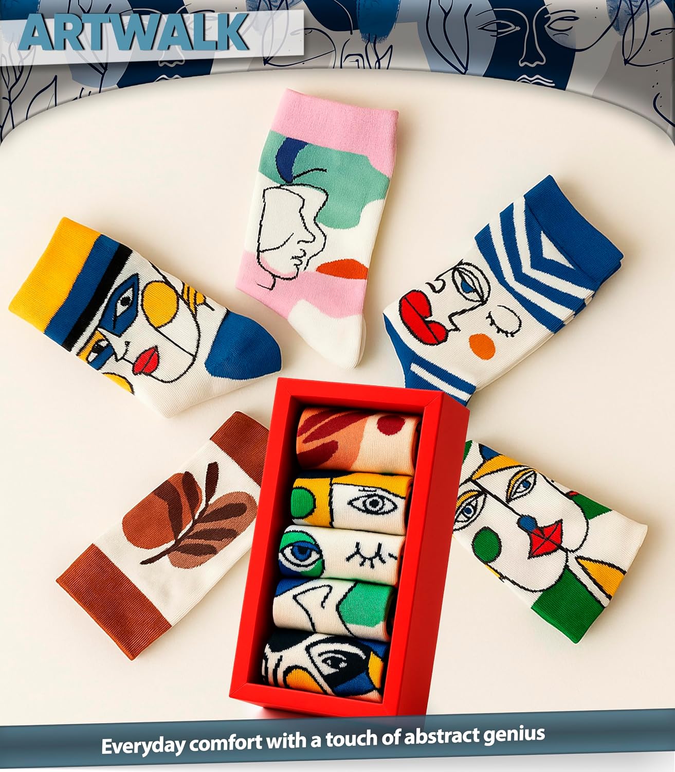 Abstract Art Cotton Socks for Women & Men – 5 Pairs Colorful Crew Socks with Modern Face Design – Breathable Soft Unisex Sock Set in Gift Box – Fun Everyday Socks US Size 5-8