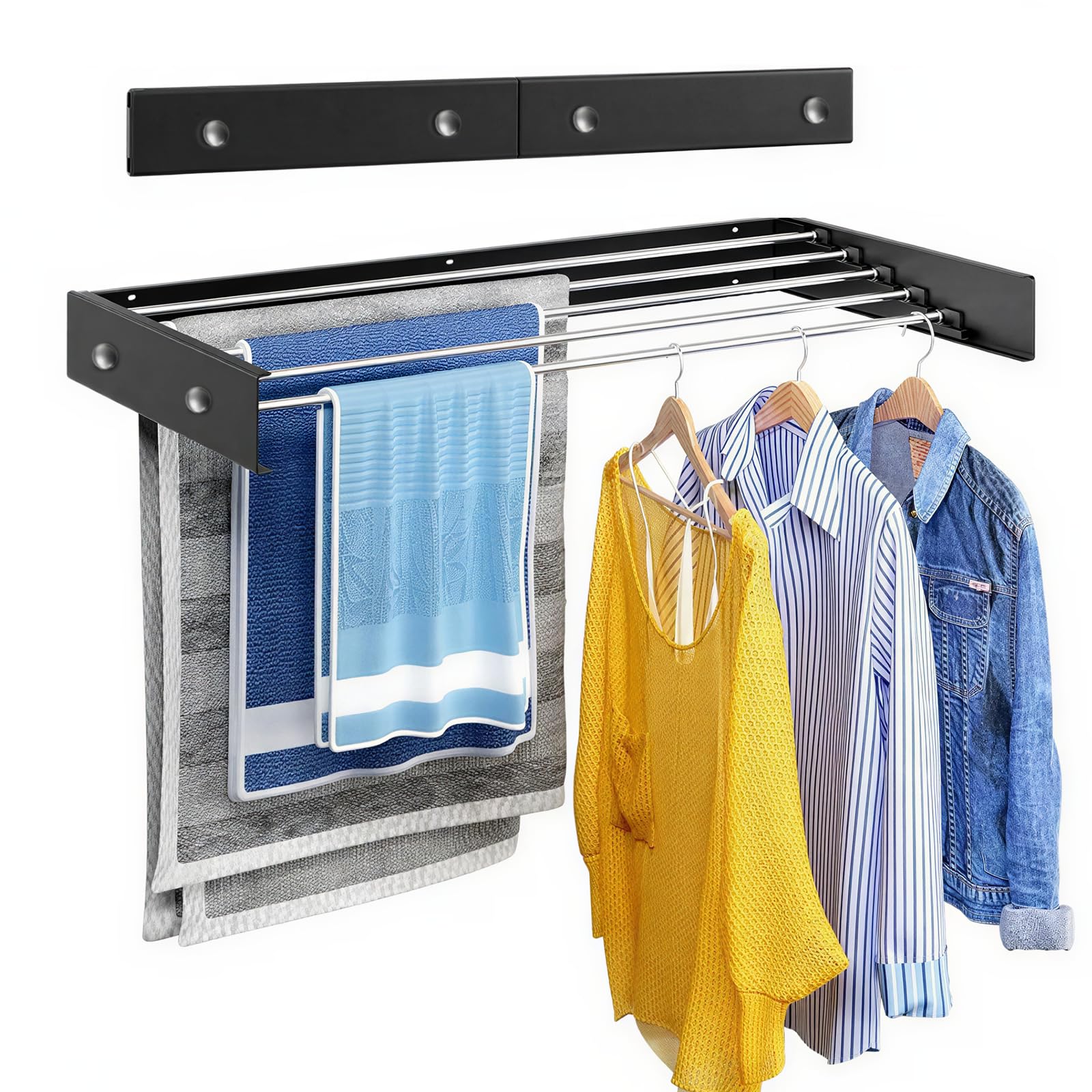 Stendibiancheria da parete in acciaio al carbonio, 60 cm, allungabile con 4 ganci, portata 25 kg, porta asciugamani salvaspazio adatto per balconi, terrazze e bagni (nero)