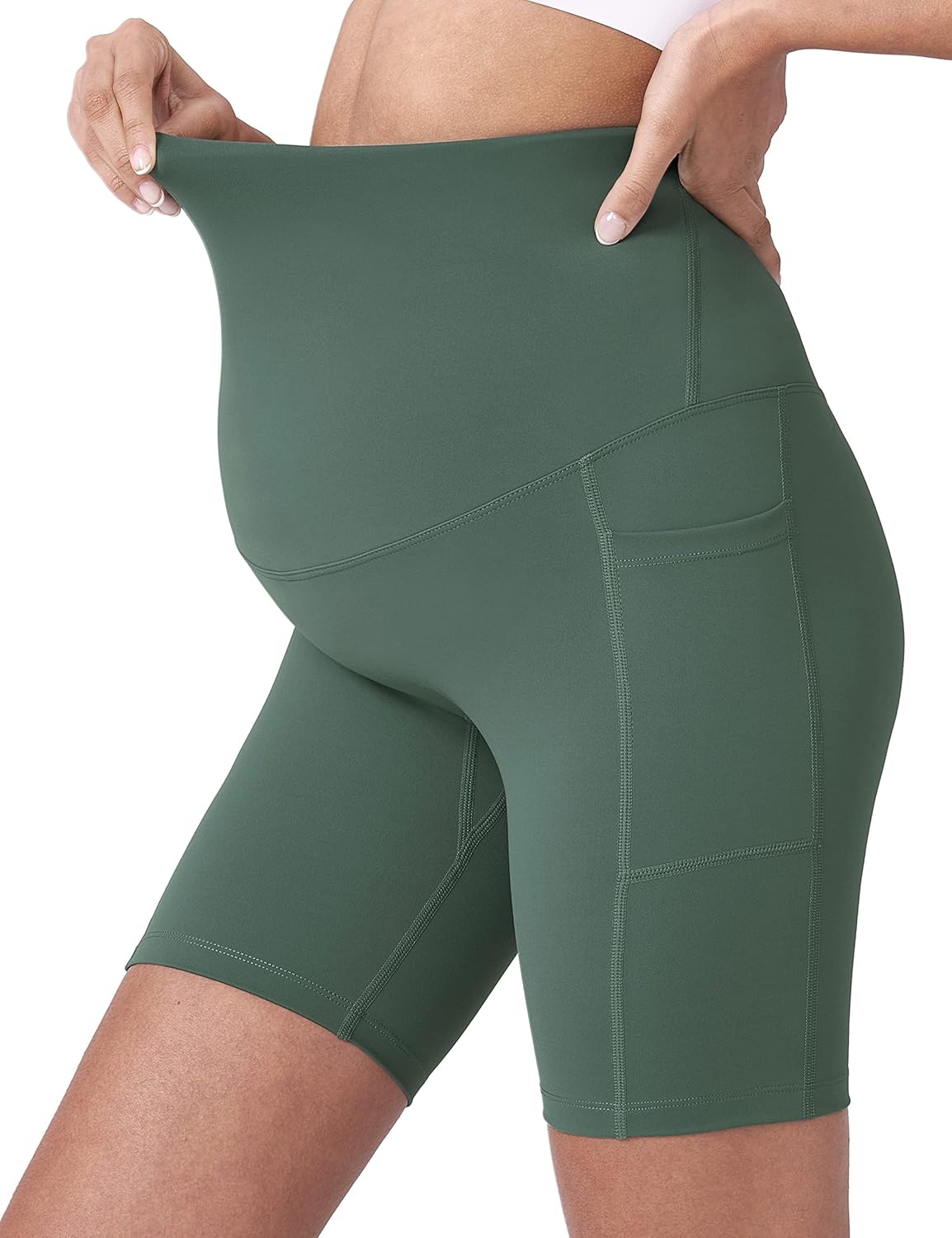 POSHDIVAH Women's Maternity Yoga Shorts Over The Belly Bump Summer Workout Running Active Short Pants with Pockets 5"/8" - Image 2