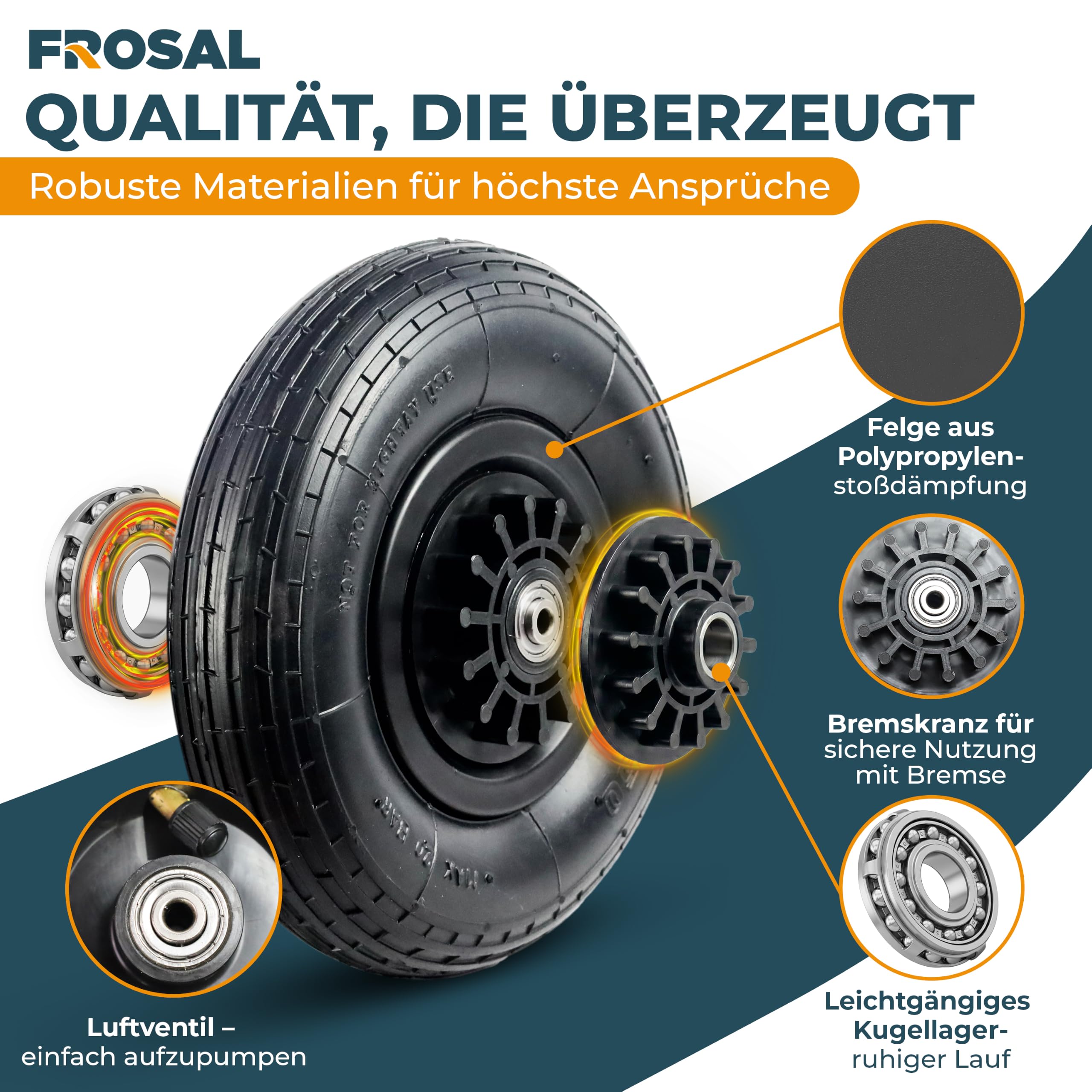 FROSAL Lot de 4 pneus pneumatiques de rechange pour chariot pliable Leo Loki Convient pour Fuxtec Kesser etc.