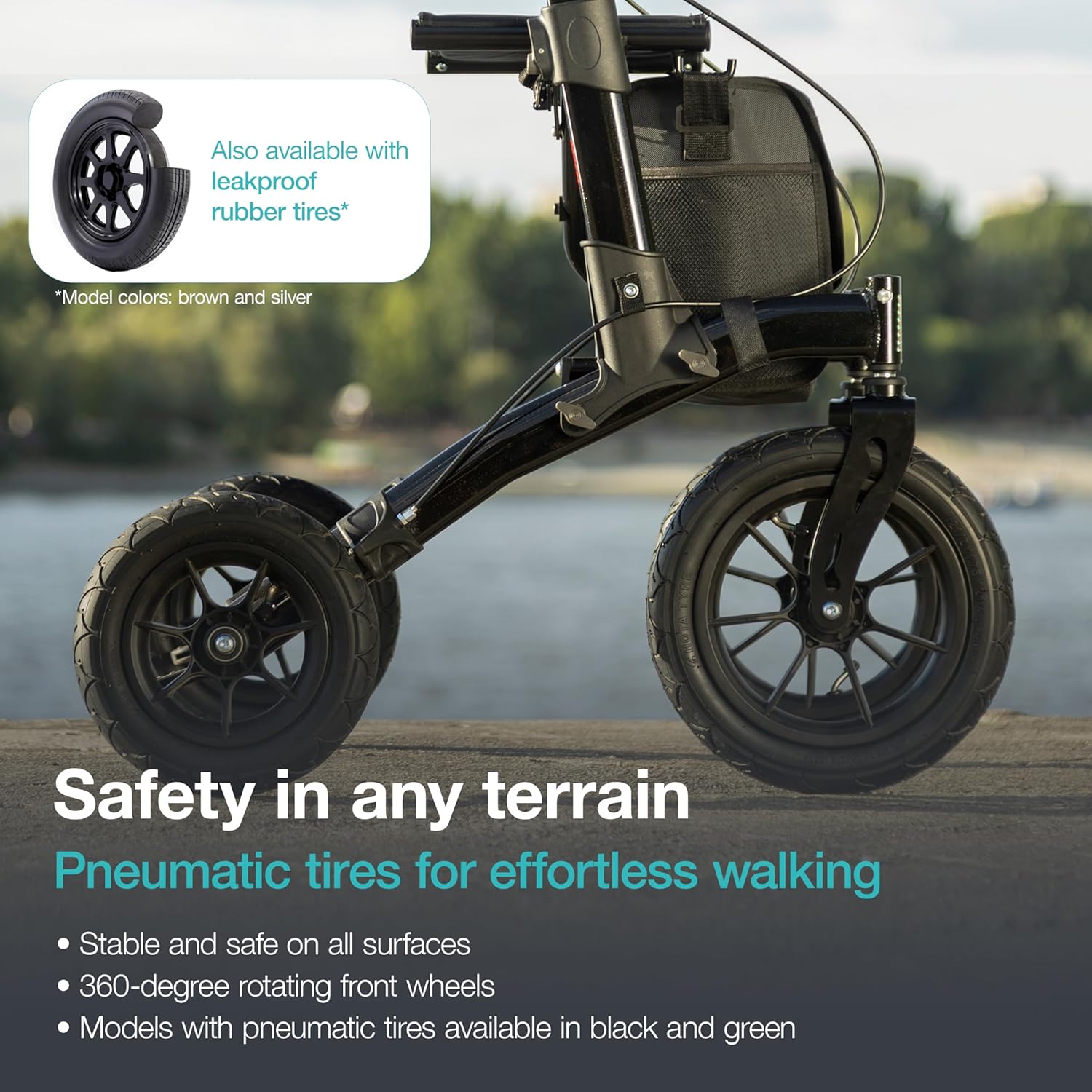 Close-up of the Helavo rollator's 12-inch pneumatic tire, highlighting its tread pattern and robust construction.