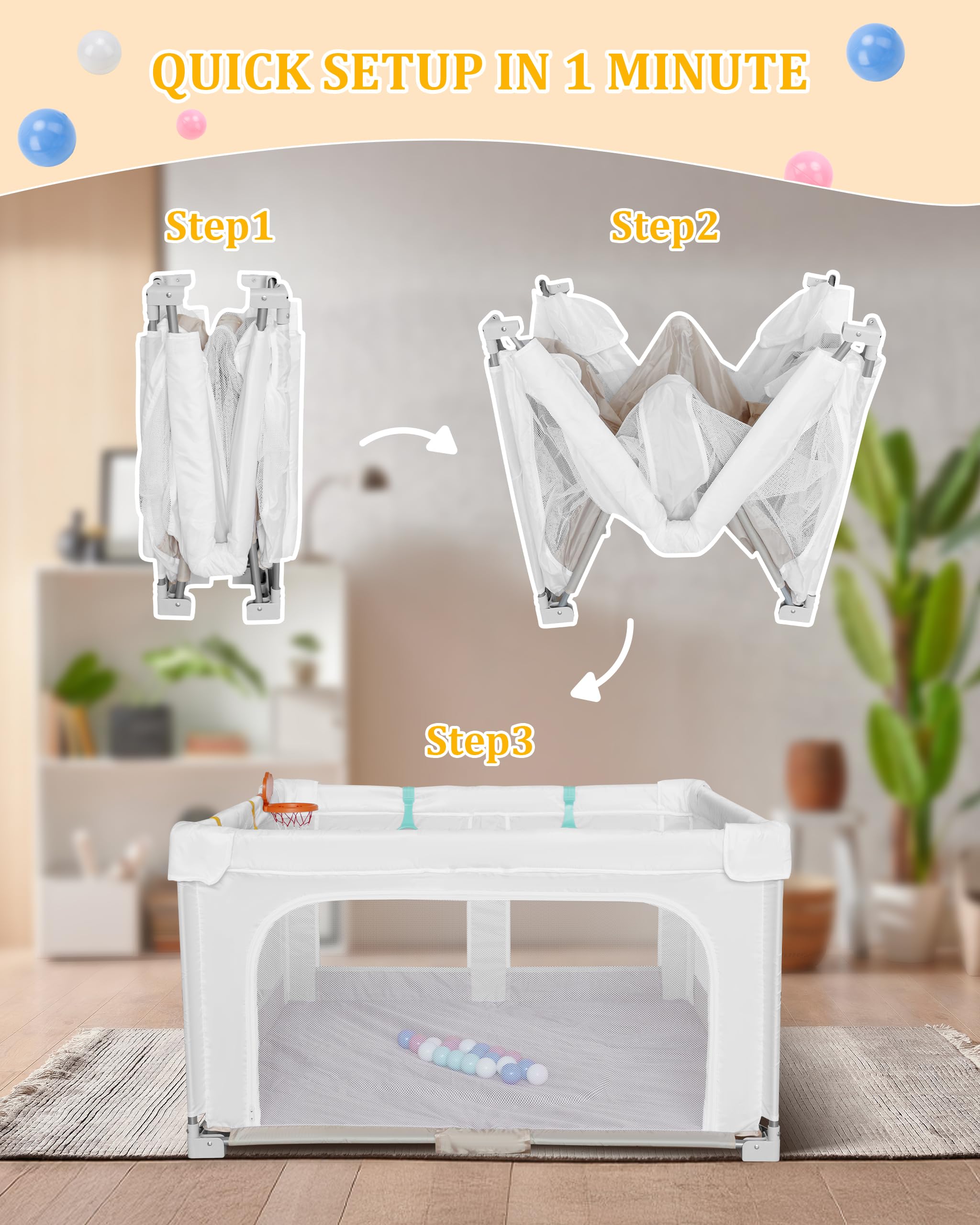 Grand Parc Pliable pour Bébé avec Tapis de Jeu:127x127x70cm pour l'intérieur et l'extérieur,Avec 20 Balles Océaniques,1 Panier de Basket,4 Poignées et 1 Sac de Transport