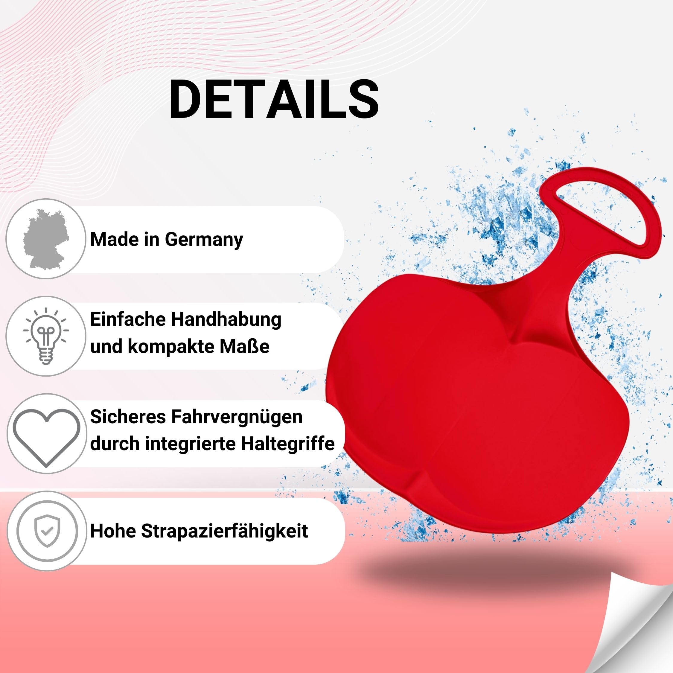 Antypoślizgowy ślizgacz poporowy z uchwytem, Made in Germany, wytrzymały śnieg z tworzywa sztucznego, do dużych i małych (czerwony)