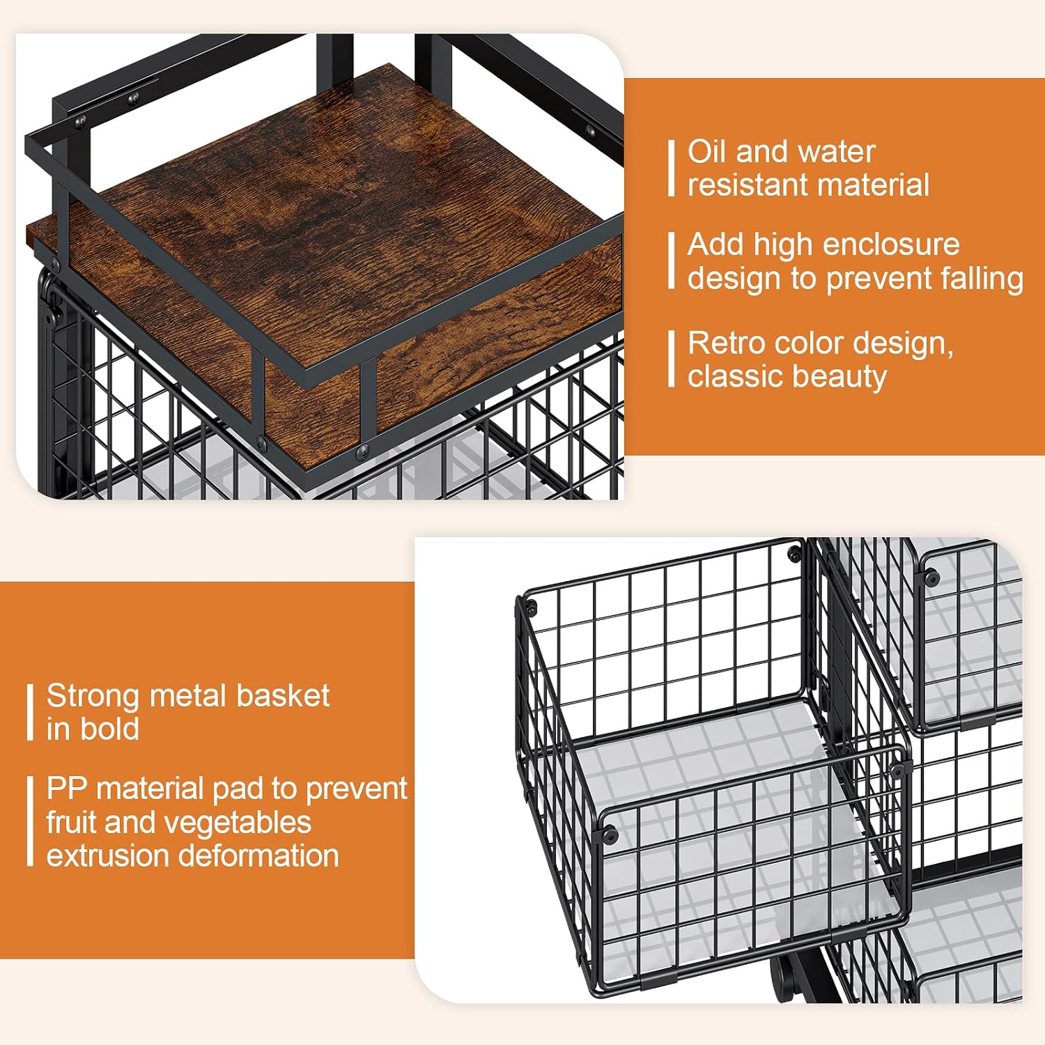 4-Tier Kitchen Storage Cart, Rotating Fruit Vegetable Storage Cart, Rolling Kitchen Cart with Storage, Wire Basket Kitchen Organizer and Storage Cart on Wheels for Onions Potatoes Cans Snacks, Black image 4