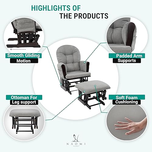 Miniatura 14 de Naomi Home Mecedora para bebé con otomana – Silla deslizante suave y silenciosa, respaldo alto y brazos acolchados para alimentación, muebles Gris