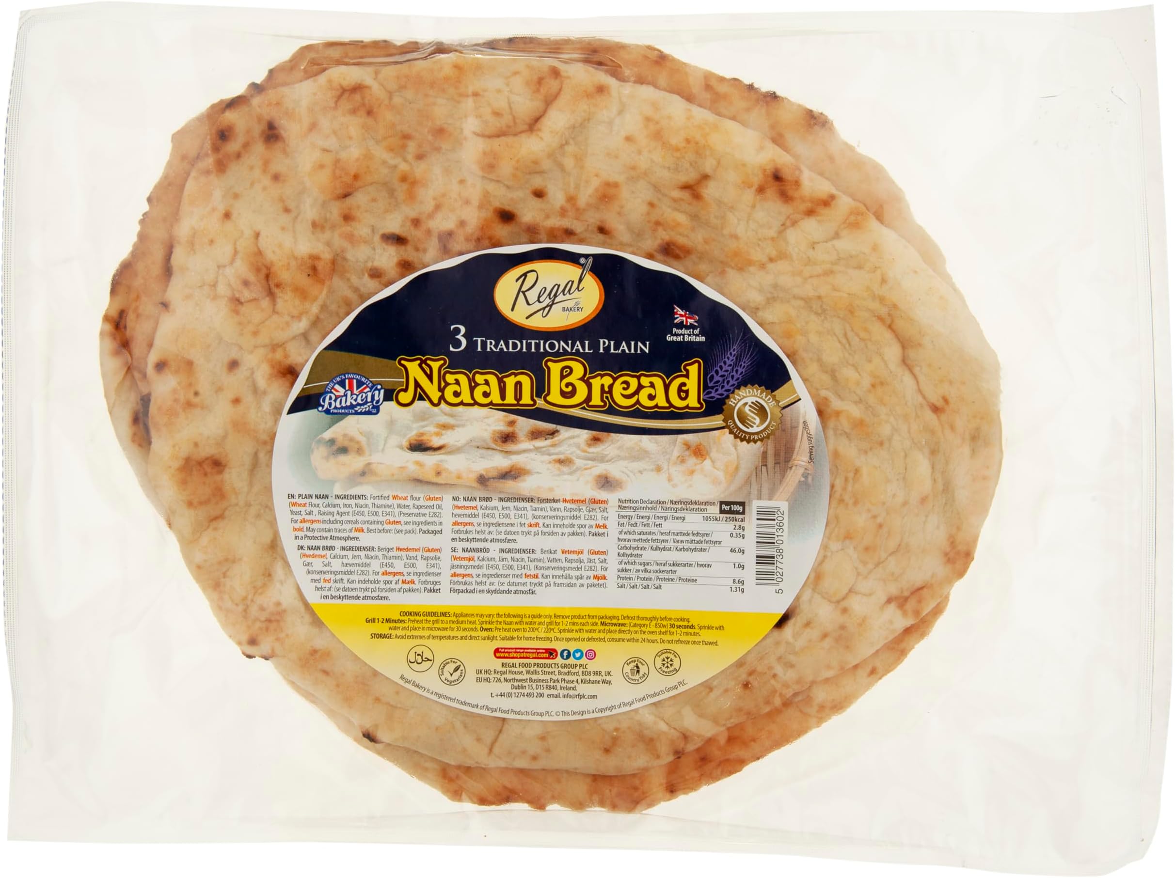 Oven Baked Naan Bread 3Pcs โ Premium Wheat Flour Plain Flatbread โ Fortified with Calcium, Iron, Niacin โ Traditional Style Indian Pita โ Delicious Flavor