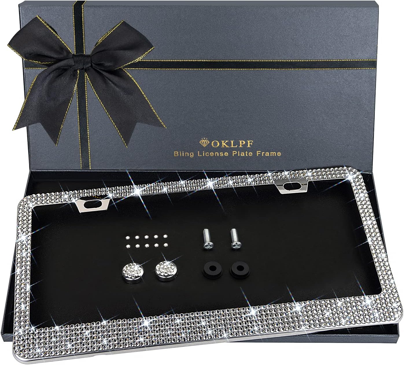 Sparkly Bling Stainless Steel License Plate Frames for Women, 1PCS | Over 1000 pcs 14 Facets Bedazzled Clear Glass Diamond Rhinestone Crystals w/Free Glitter Diamond Box (White)