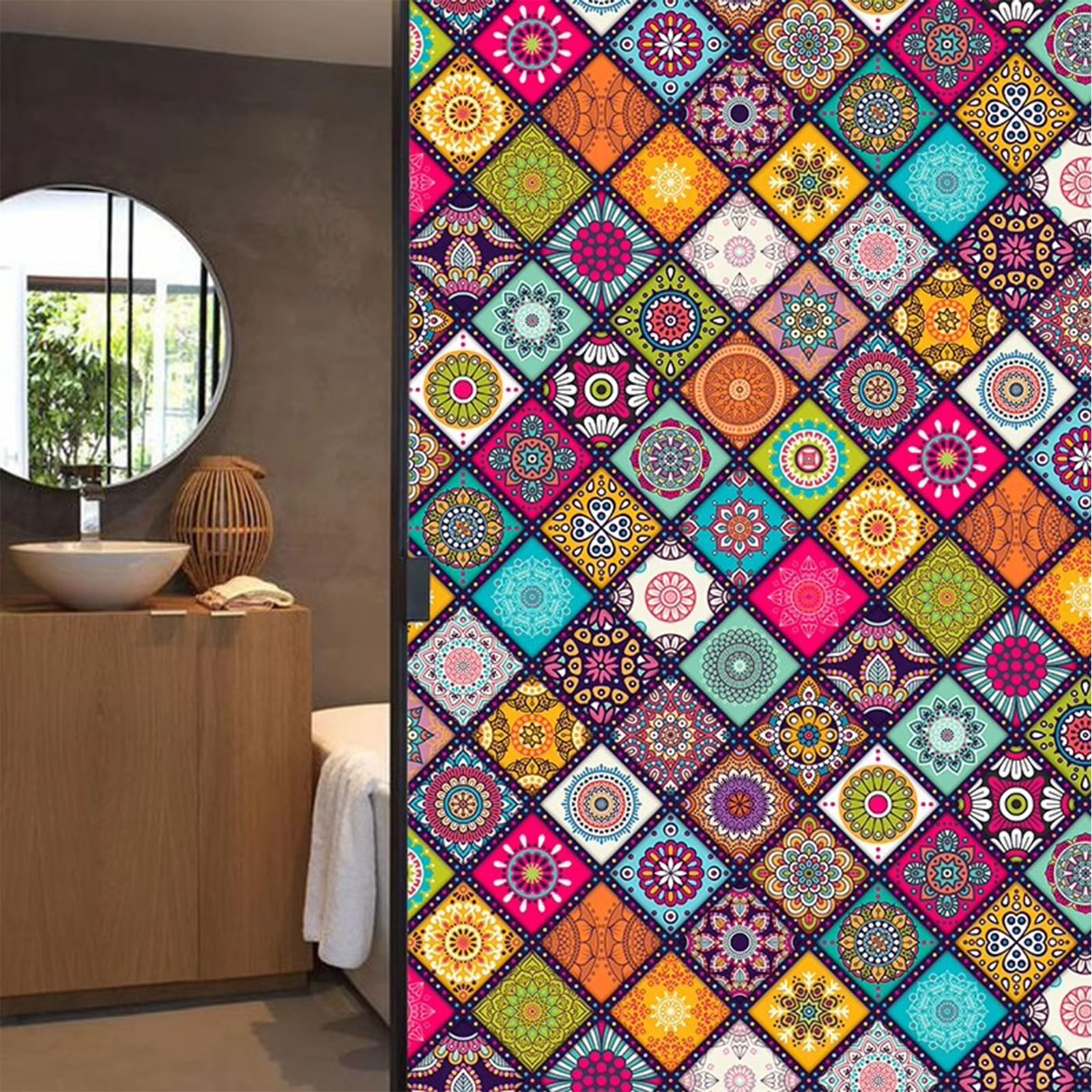 Eiauiuo Window Film Opaque Privacy Film With Vintage European Tile Pattern, Non-Adhesive & Self-Adhesive Static Cling Film, UV Protection Frosted Glass Sticker For Home & Kitchen(Retro Film 001,30x100