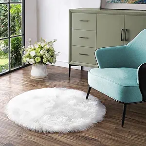 Latepis White Round Rugs 4ft Fuzzy Washable Rug Faux Sheepskin Fur Rug for Bedroom Cushion Fluffy Circle Rugs for Living Room Dorm Room Décor