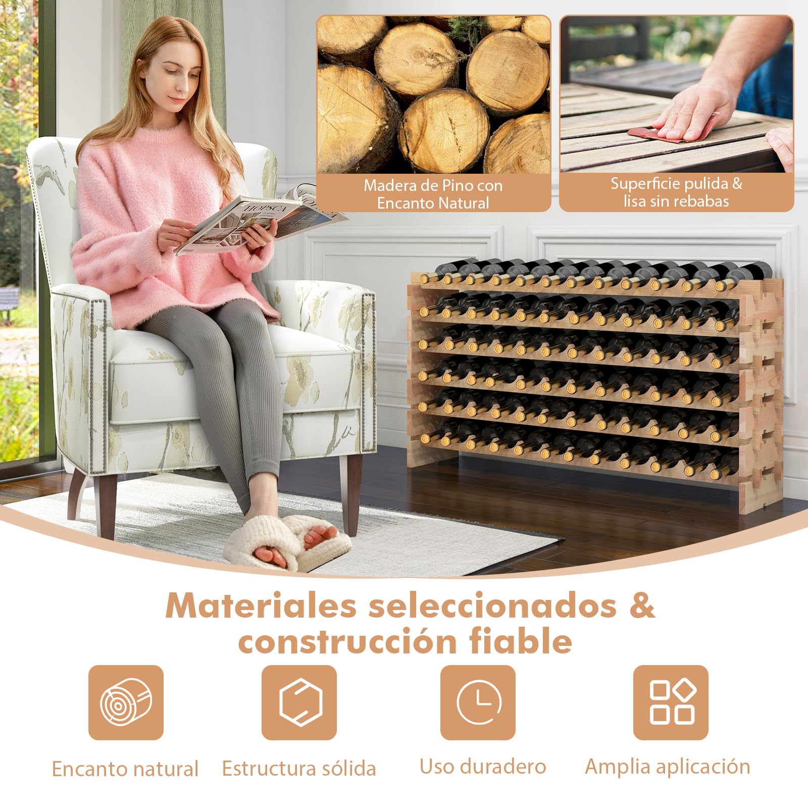 GOPLUS Botellero Vino de Pino para 72 Botellas, Botellero Apilable de Madera con 6 Niveles, Estantería de Vino, para Cocina Hogar Bar, Gran Espacio (72)