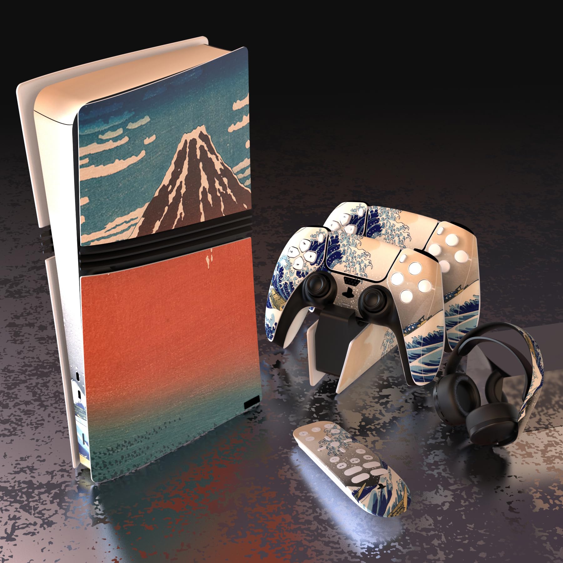 PlayVital Full Set Skin Sticker für ps5 Pro Konsole Digital & Disc Edition, Vinyl Aufkleber Schutzfolie Zubehör für ps5 Pro Controller & Headset & Ladestation & Fernbedienung-The Great Wave