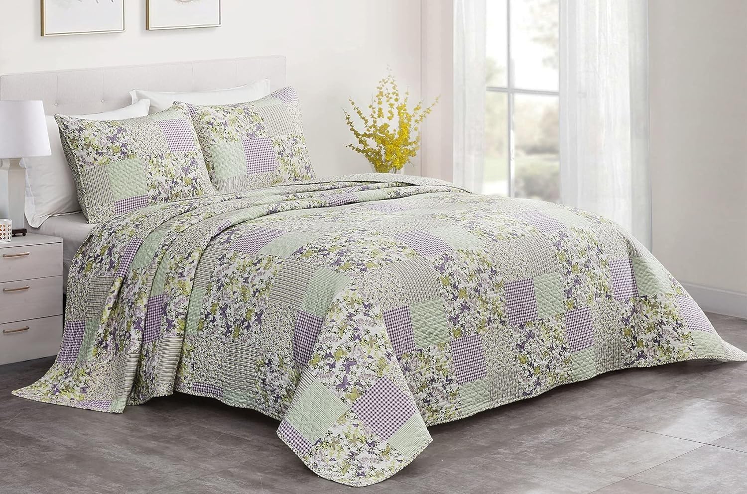 Chezmoi Collection Daisy 3-Piece Printed Patchwork Quilt Set - Purple Butterfly Botanical Candy Stripe Checkered Coverlet - Pre-Washed Microfiber