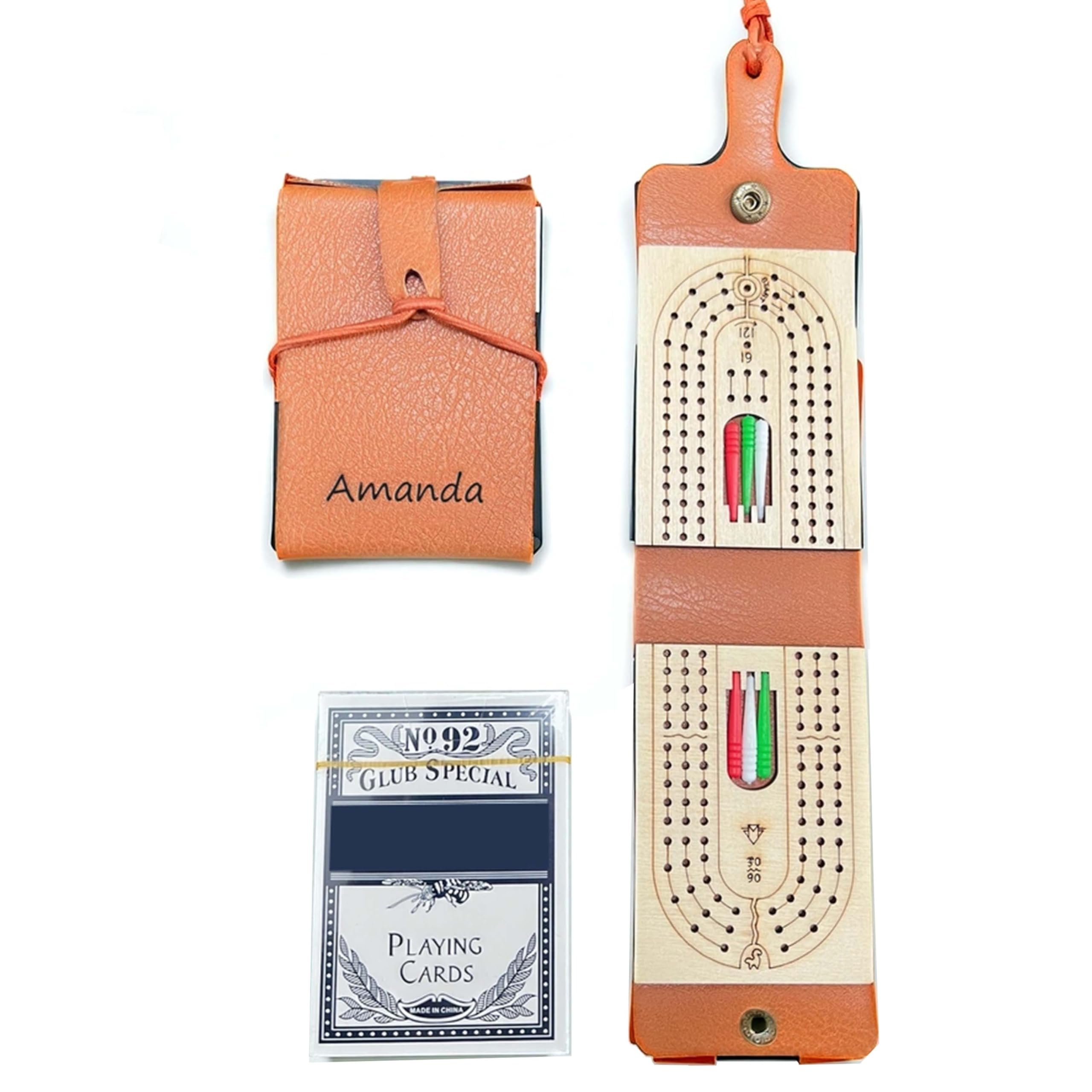 Personalized Travel Cribbage Board Set with Custom Name - Portable Faux Leather Case, Playing Cards, and Pegs for Cribbage Lovers
