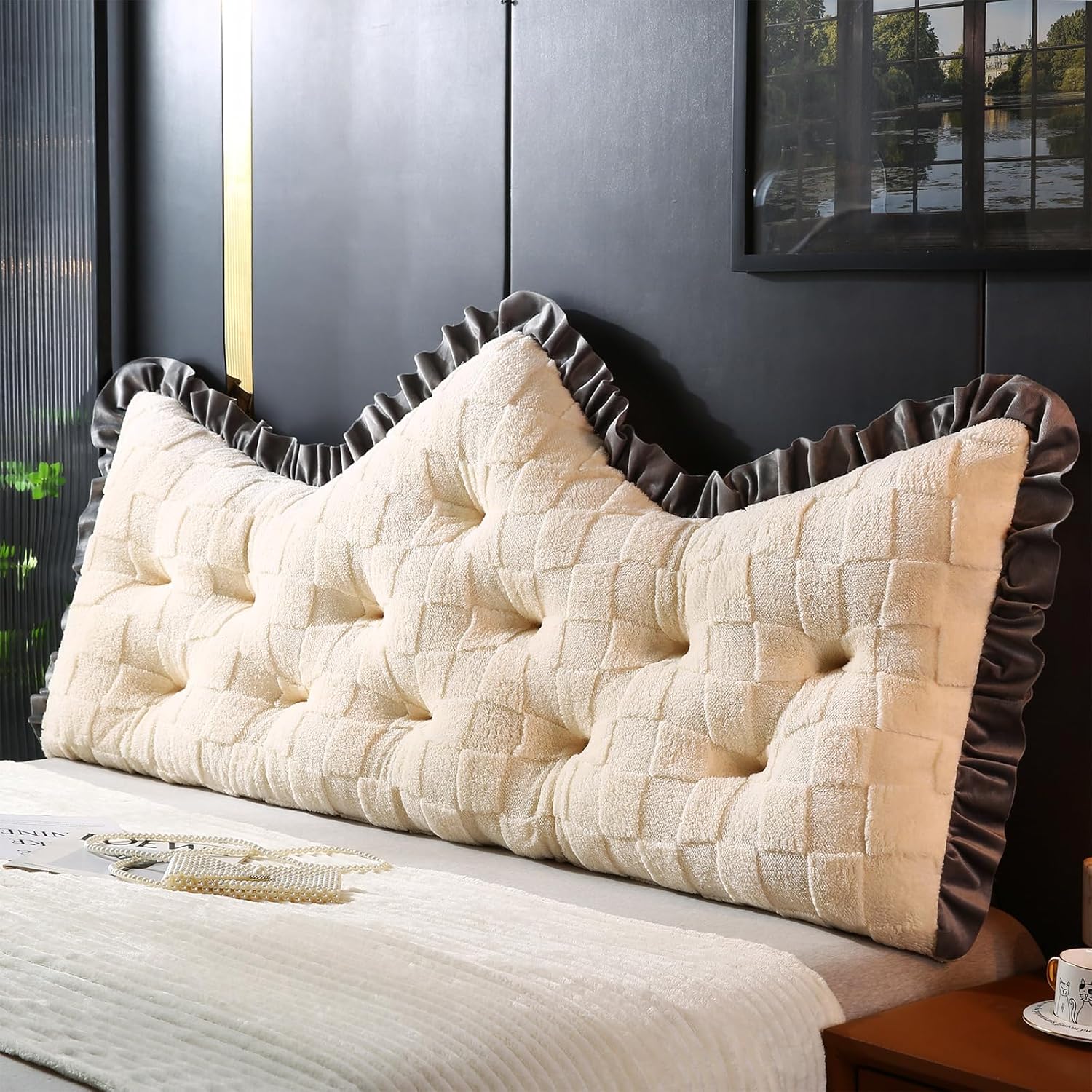 ROOMLIFE Headboard Pillow Crown Princess Soft Bed Pillow for Headboard Backrest Positioning Support Bed Rest Reading Pillows Lace Process Headboard Pillows with Removable Cover(Full, 22x47 Inches)