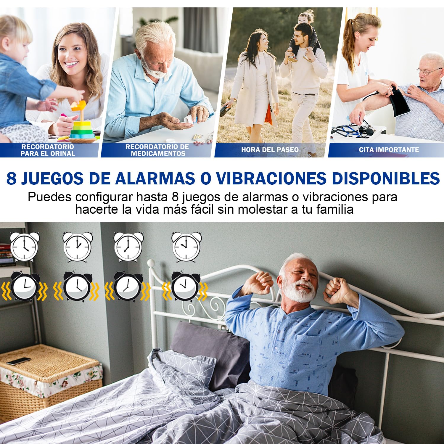 Hearkent Reloj de vibración con 8 alarmas para Personas Mayores | Reloj recordatorio de medicamentos para Personas sordas, recordatorio de alarmas(Negro)