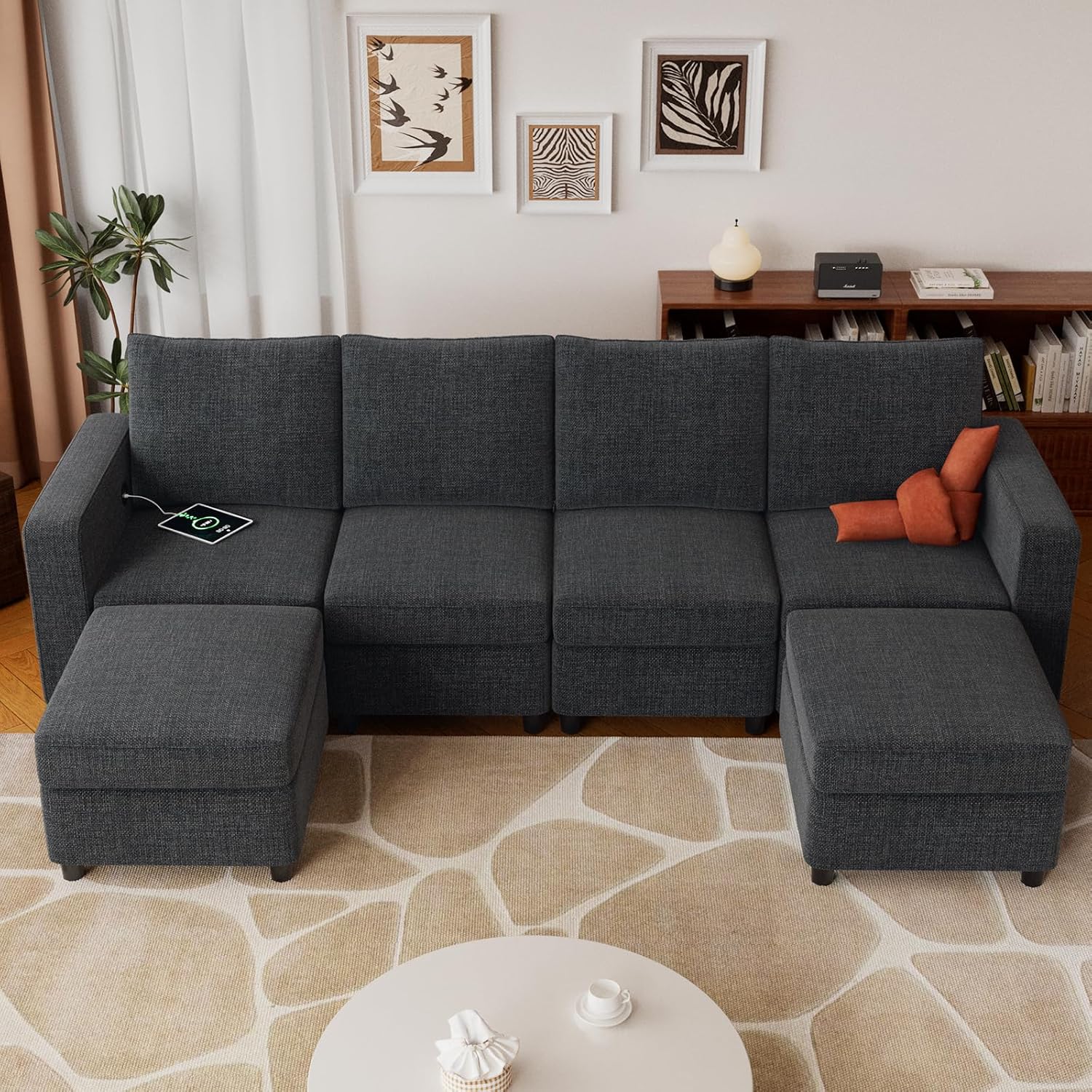 VINGLI 108" Dark Grey Linen Modular Sectional Sofa with