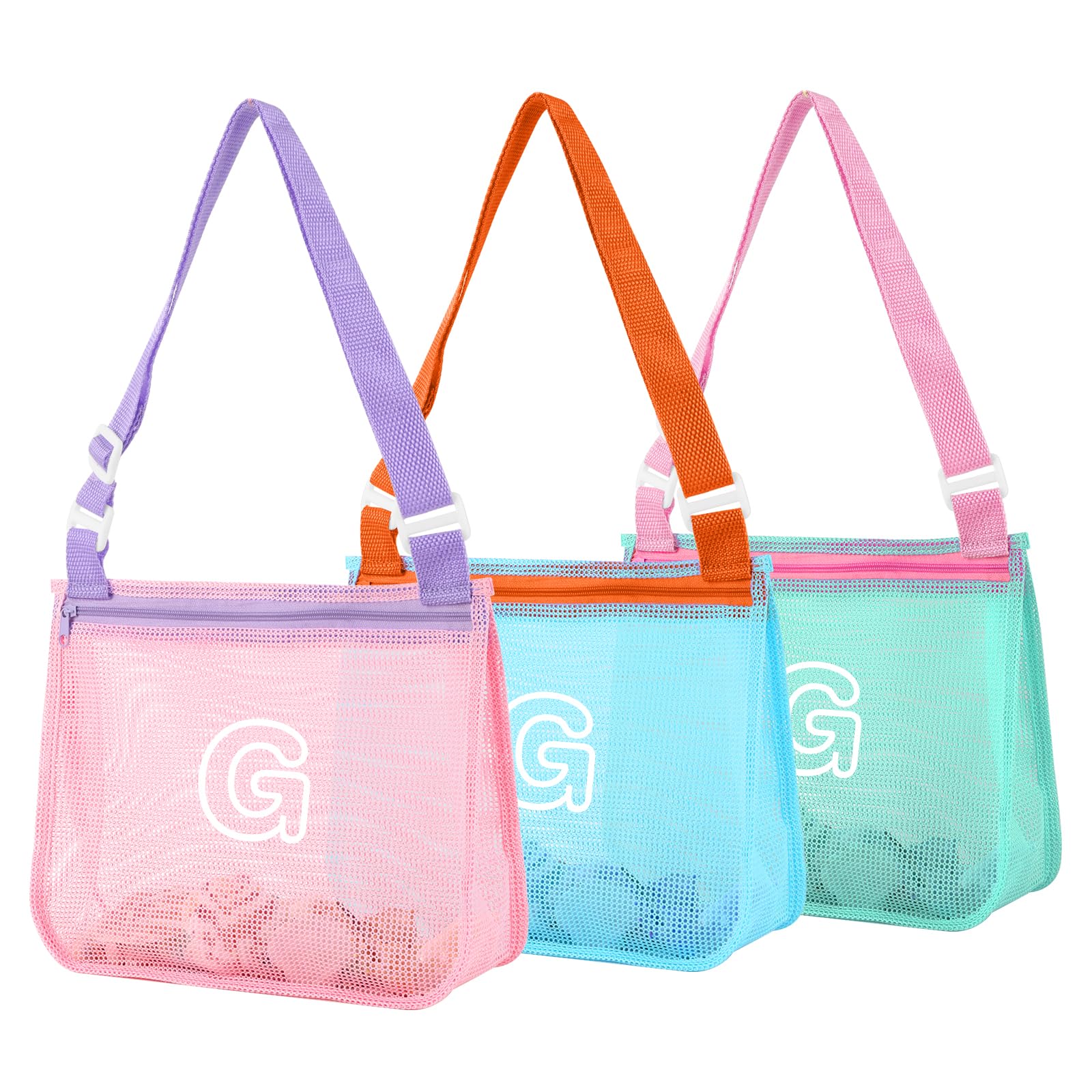 3 bolsas de playa personalizadas para niños, bolsa de playa con cremallera de malla con inicial, bolsa de recolección de conchas p