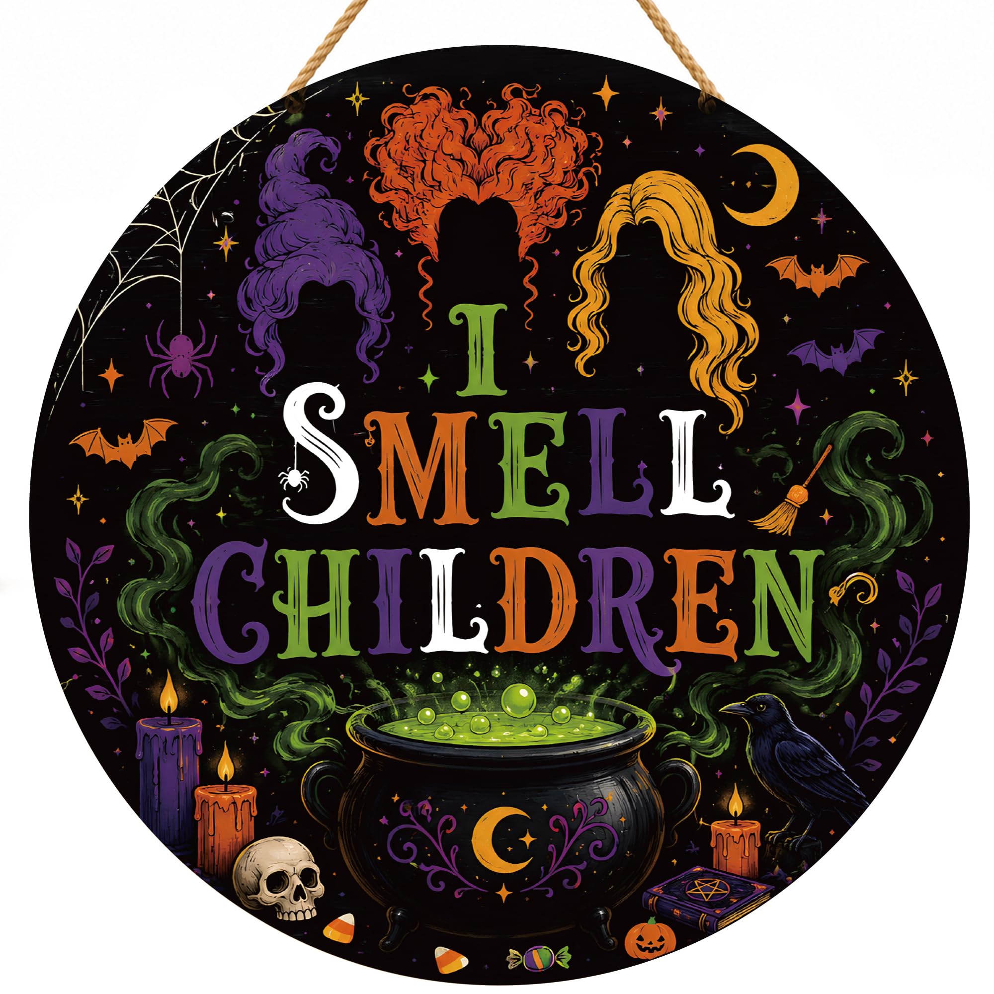 Halloween Decorations - Halloween I Smell Children Door Sign for Front Door | Round Wooden Witch Hanging Sign for Porch Wall Door Decor - Halloween Garland Porch Decor Party Favors Supplies